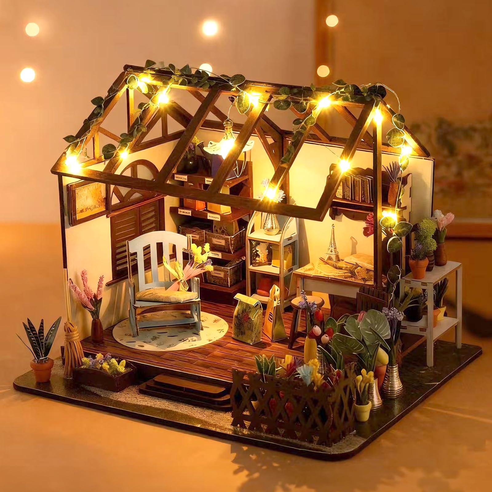 Cuteefun DIY Miniature Dollhouse Kit with LED Light, Creative Handicraft & Decoration for Adults Teen, Christmas Birthday Gift (Leisure Cottage)
