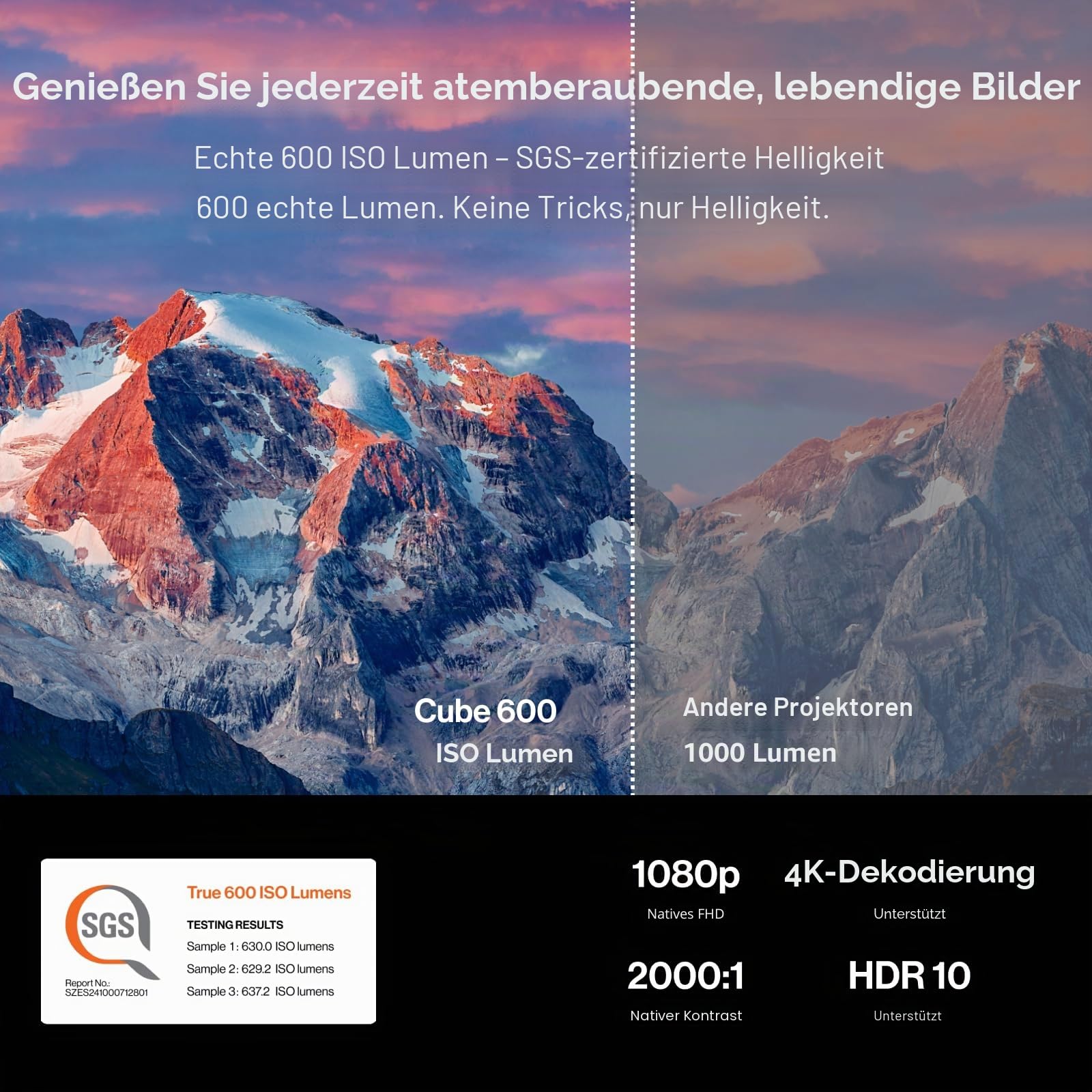 Cube 600 Projektor mit eingebautem Google TV, 1080P Tragbarer Projektor mit WiFi & Bluetooth, True 600 ISO Lumen, 360° Gimbal Ständer, Auto Keystone, unter 26dB, versiegelter optischer Motor, MAX 200