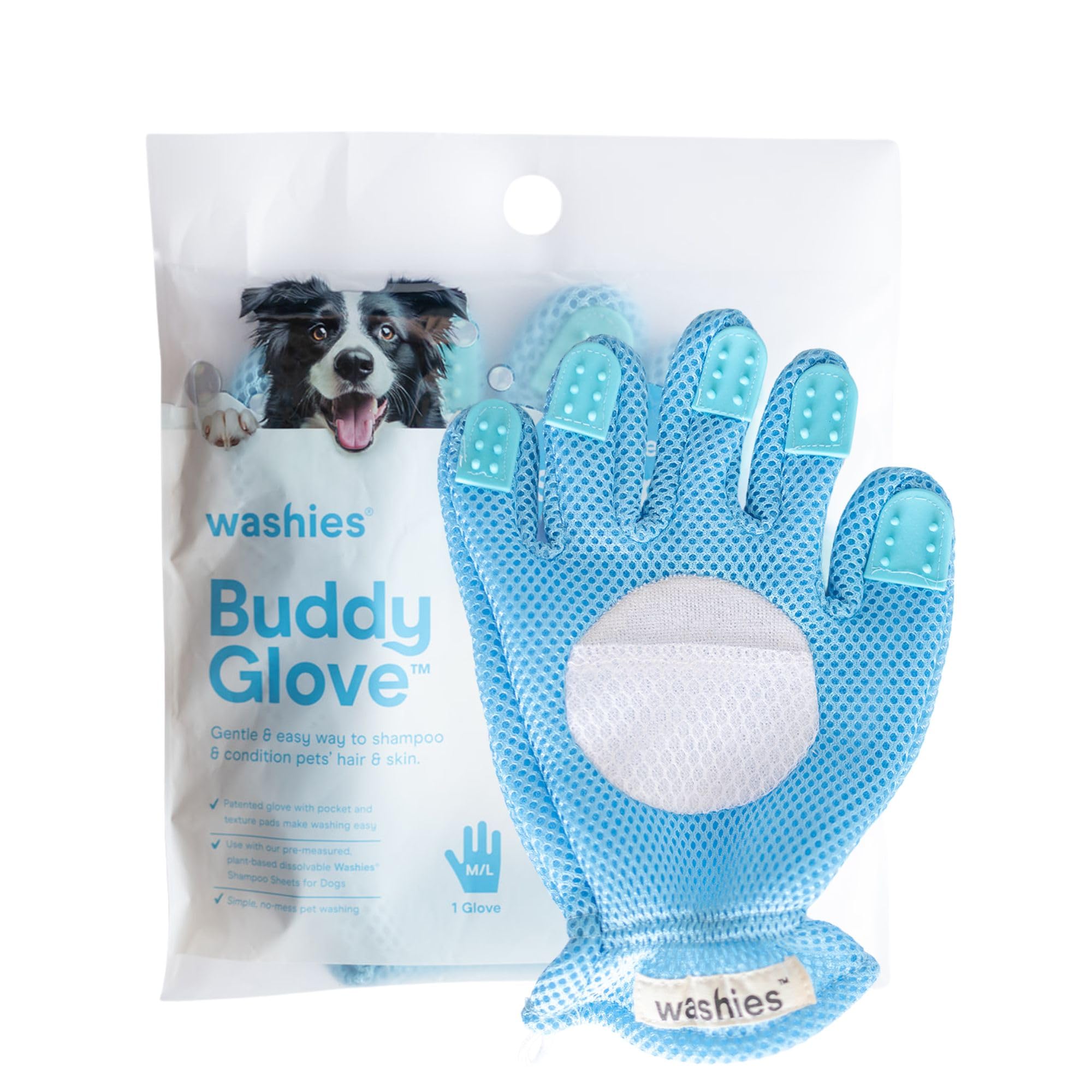 Buddy Glove – Pet Grooming Gloves for Bathing, Brushing, Massaging & De-Shedding – Compatible Shampoo Sheets – Essential Dog Bath Brush, Pet Hair Removal Glove