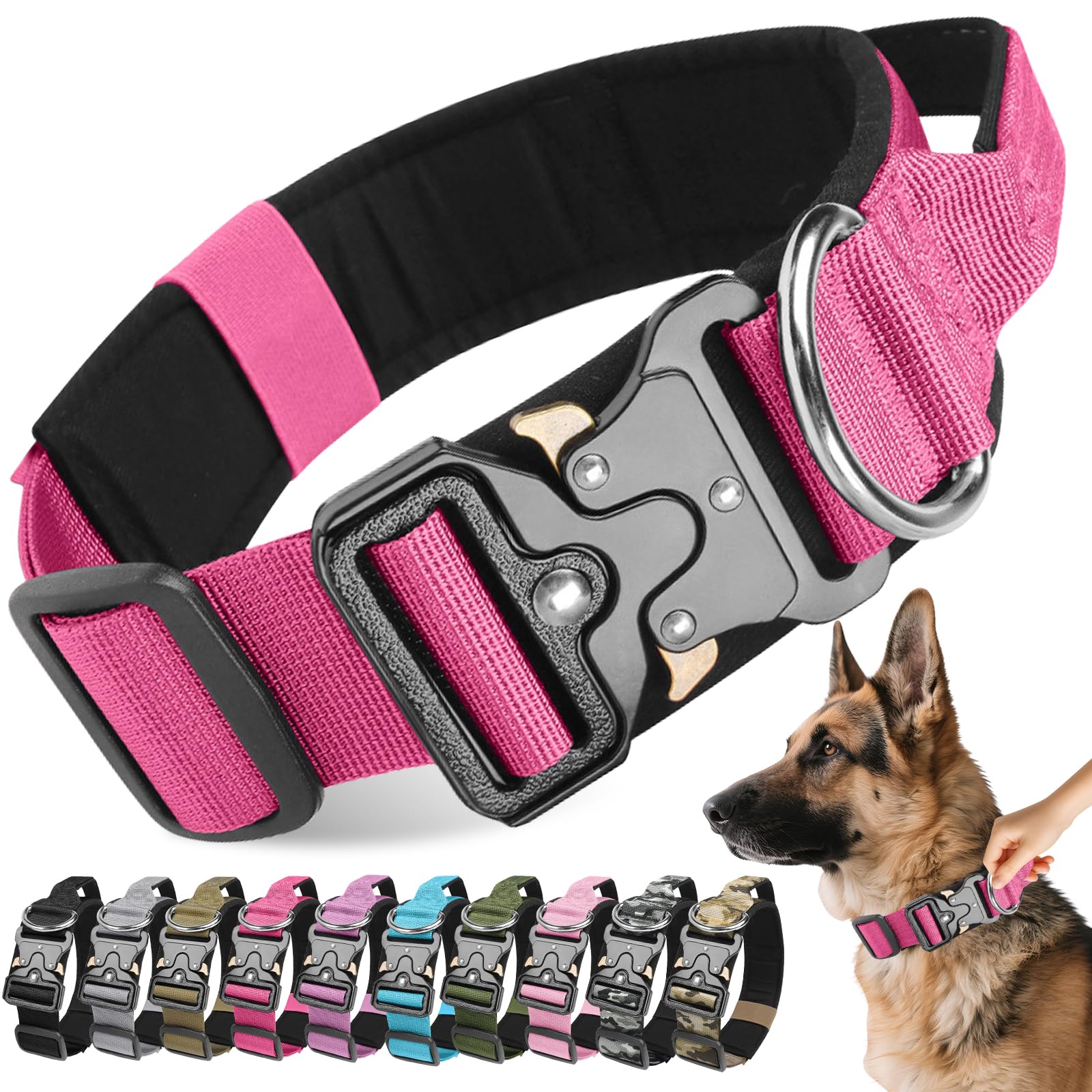 Collar Tactico para Perro, Ancho Collares Perro con Mango de Control, Collar para Perros Ajustable y Resistente, Cómodo Nylon Suave para Perros Pequeños Medianos Grandes (Rosa Rojo, M)