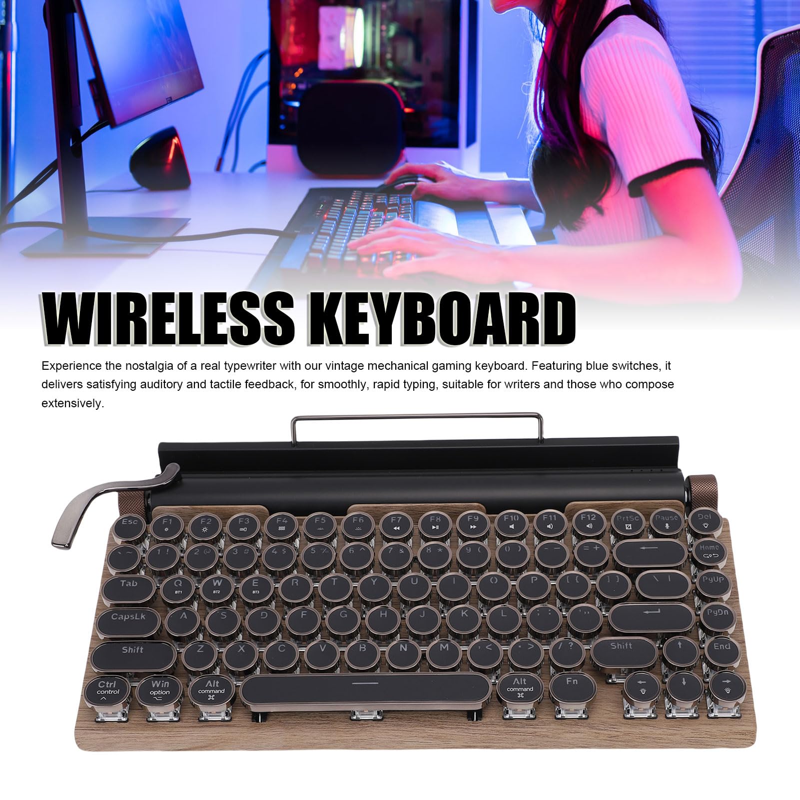 LICAEVEY Tastiera da Scrivere Wireless, Tastiera Meccanica retrò Calda, Tastiera Meccanica di Tastiera Rotonda Bt con 14 modalità Retroilluminata per Telefono Tablet (Colore di legno)
