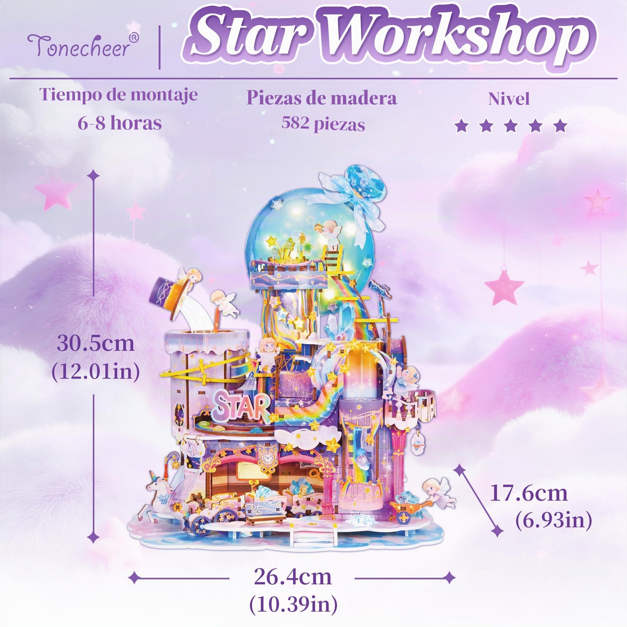 Tonecheer Puzzle de Madera 3D para Adultos, Kit de construcción con música, componentes móviles y Estructura de transmisión, Regalo Ideal(El Taller de Las Estrellas)