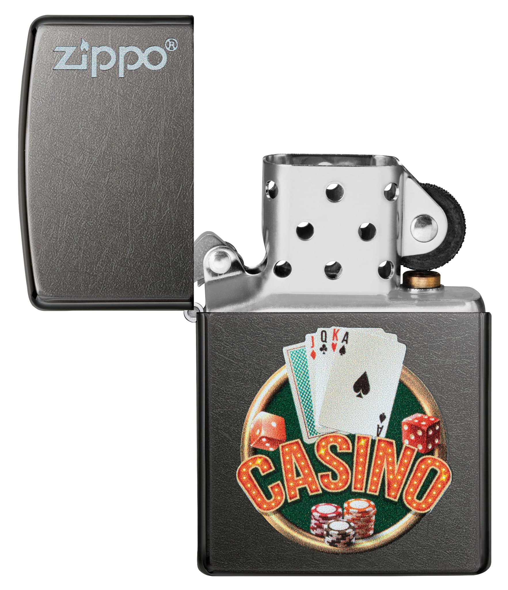 Zippo Casino Zapalniczka Sztormowa, Kolorowy Nadruk, do Napełniania, Wielokrotnego Użytku, Wiatroodporna Konstrukcja, Pudełko na Prezent, Wykonano w USA, Szary (Gray Dusk)