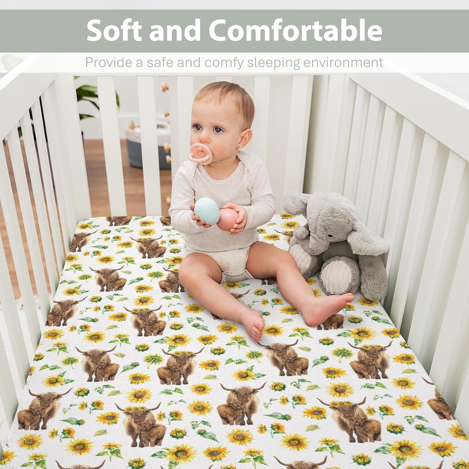 Highland Cow Sunflowers Baby Crib Sheets for Boy Girl 52"x28" Highland Cattle Yak Floral Soft Snug Fitted Crib Mattress Cover Farmland Animal Baby Sheet for Standard Crib & Toddler Bed Mattress