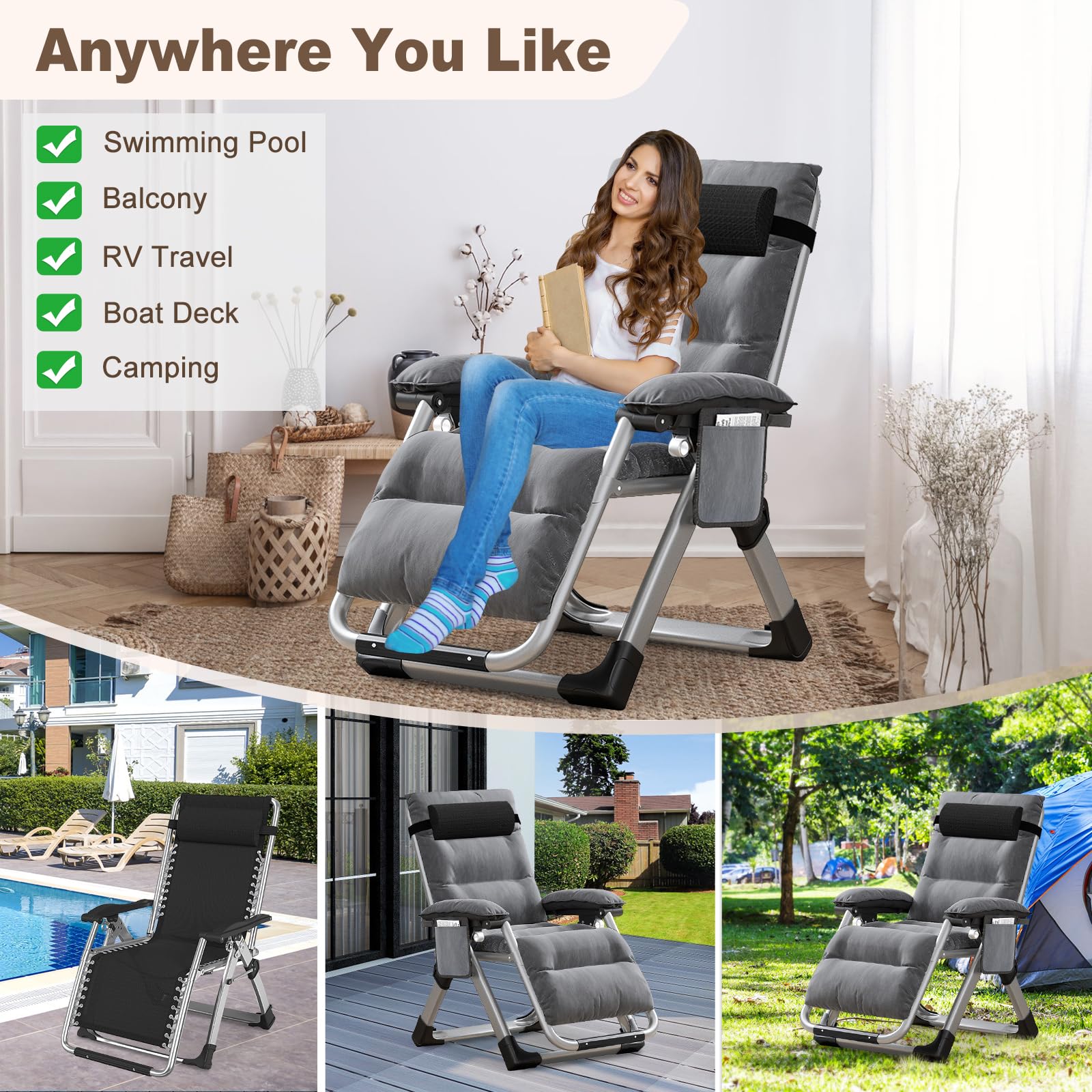 Zero Gravity Liegestuhl Klappbar, 200KG TragfäHigkeit Sonnenliege | Mit Kissen Tassenhalter, Extra Breit, Verstellbare Angle Gartenliege, Für Balkon Strand Garten Camping, Grau