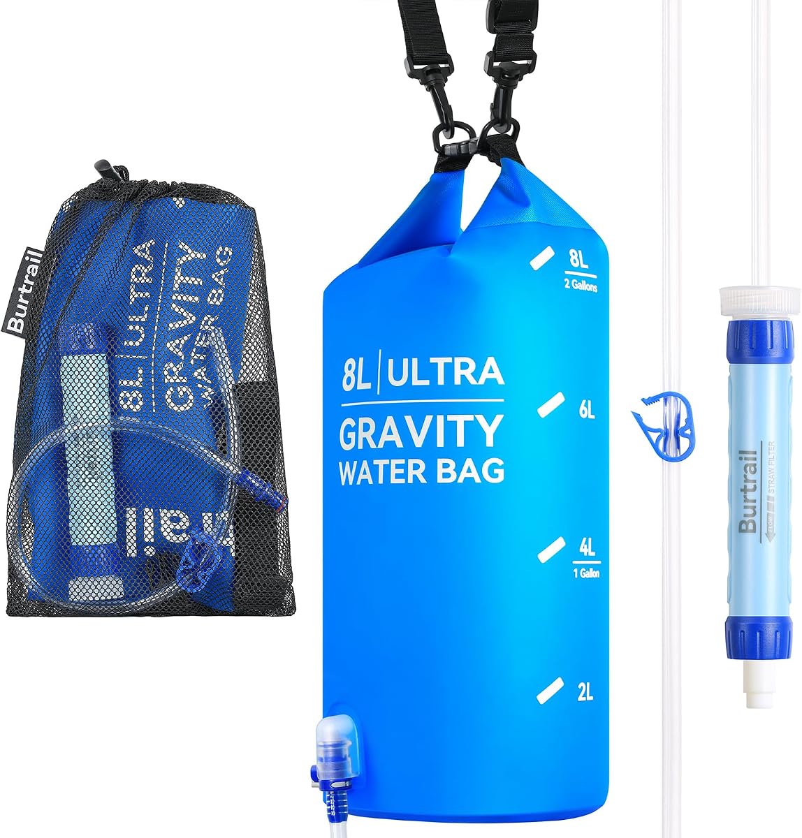 Sistema de filtración de agua para acampar de 8 litros, sistema de filtro de agua por gravedad portátil, supervivencia para acampar, senderismo, mochilero y preparación para emergencias, bolsa de 2 galones, sin BPA
