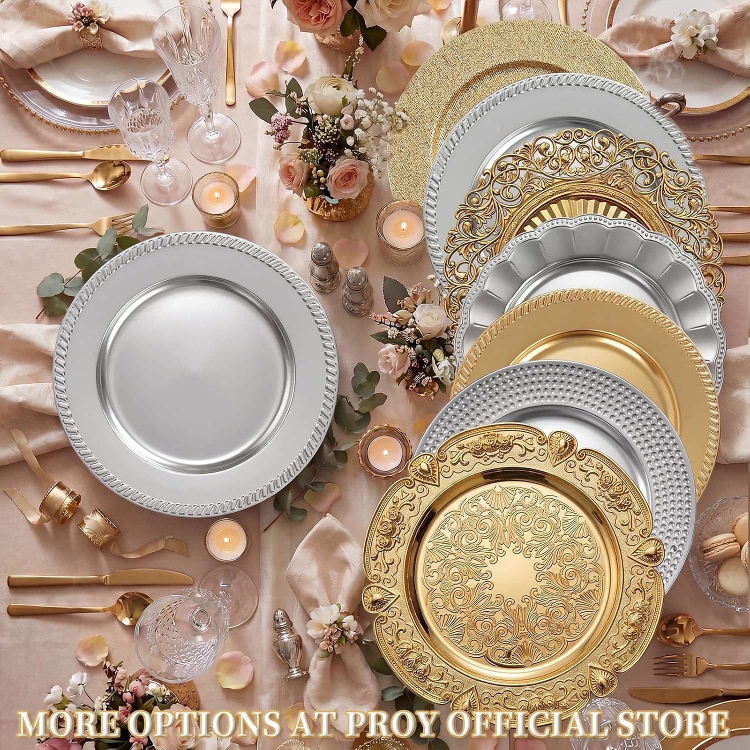 PROY 100 Pcs Silver Charger Plates,13 Inch Round Beaded Charger Plates,Reusable Plastic Silver Chargers for Dinner Plate,Elegant Table Chargers for Wedding,Thanksgiving,Christmas