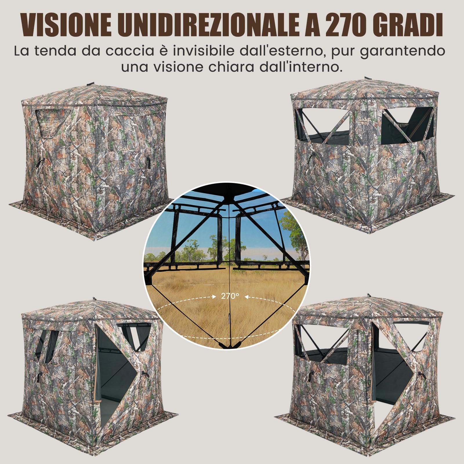 GYMAX Tenda da Caccia, Tenda Portatile e Pieghevole per 2-3 Persone con Vista a 270 Gradi, 8 Robusti Picchetti per Terreni, 4 Corde di Ancoraggio, Sacca Portaoggetti, 147 x 147 x 168 cm