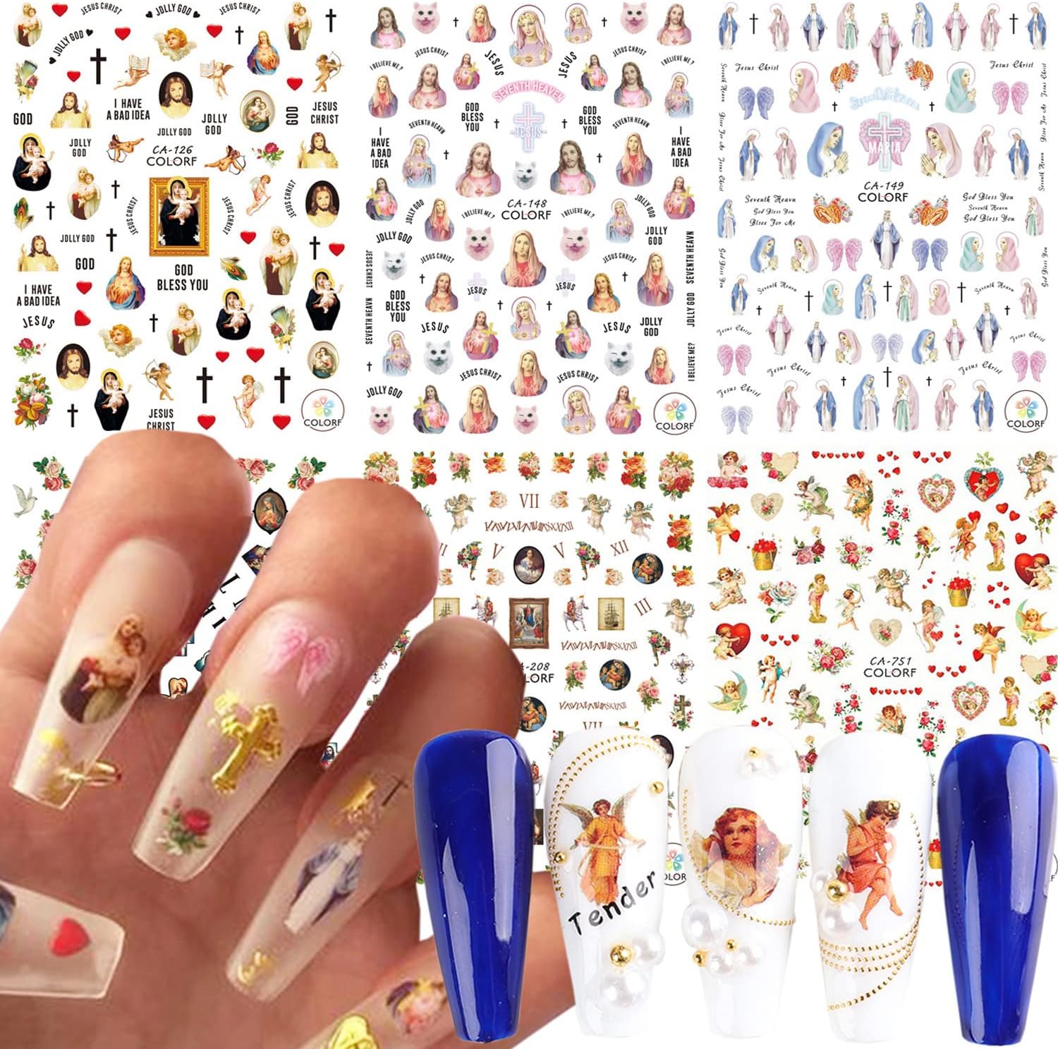 God Jesus Nail Art Stickers, Angel Christ Virgin Maria Love Cupid Flowers Nail Art Decals