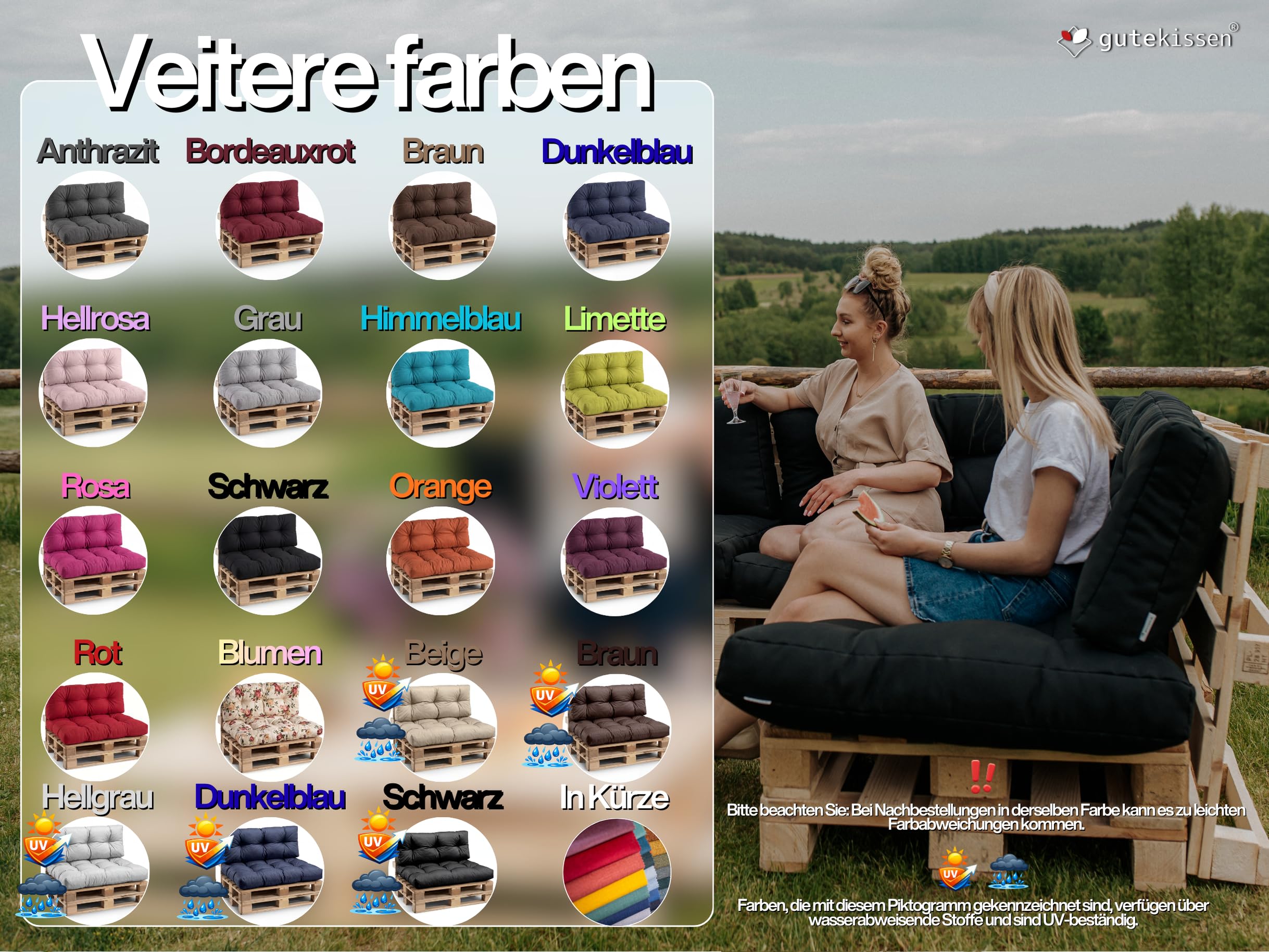 Gutekissen® Pallet Cushion, Pallet Cushion, Weatherproof Cushion for Garden Sofa, in Various Colours and Sizes (Cushion Set 120 x 80 + Back 120 x 40), Grey and Waterproof - 4