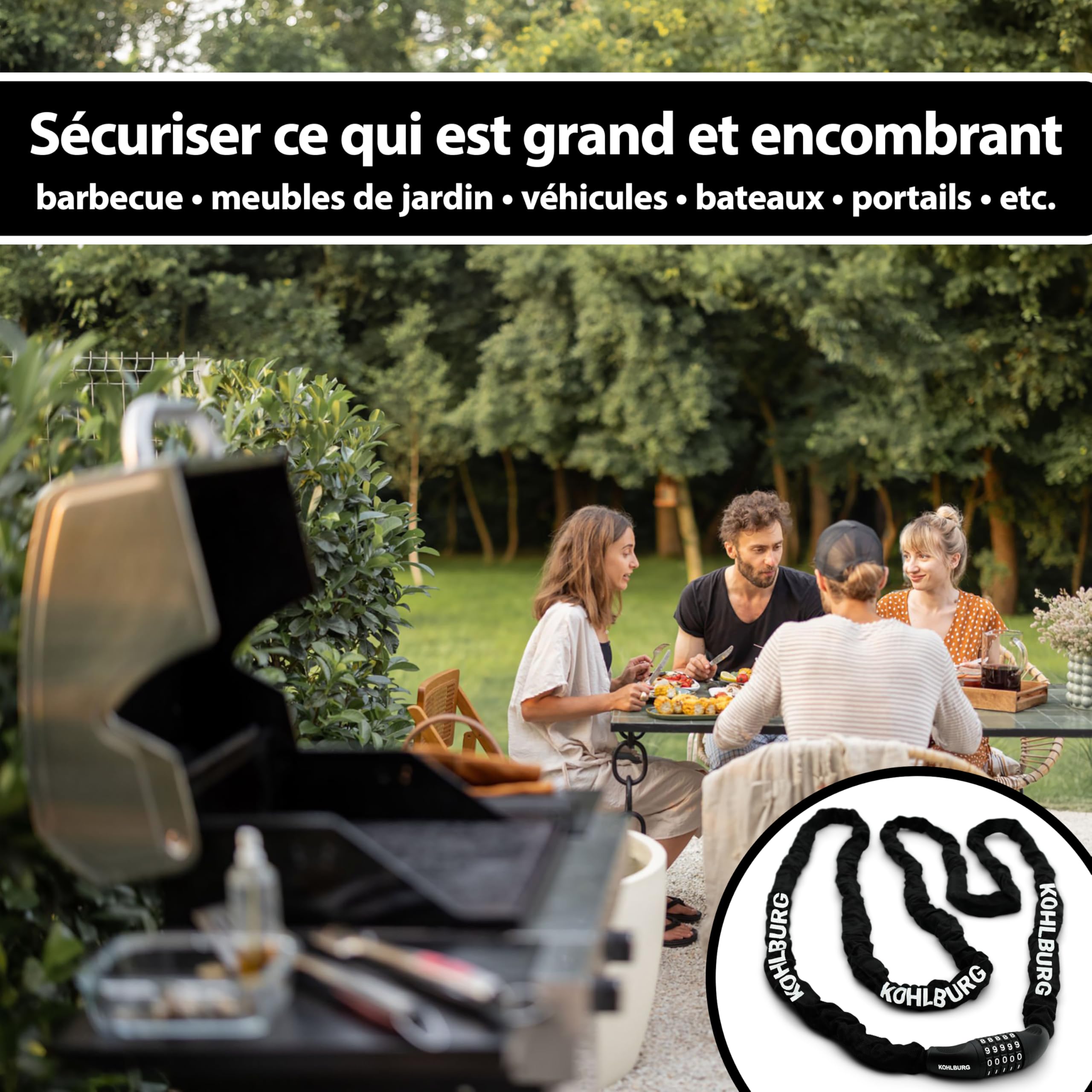 KOHLBURG Chaine antivol velo code [5m extra‑longue] avec acier spécial 6 mm | Chaîne anti vol à combinaison 5 m – Serrure pour vélo, e-bike, trottinette électrique, meubles de jardin, bateau – 500 cm