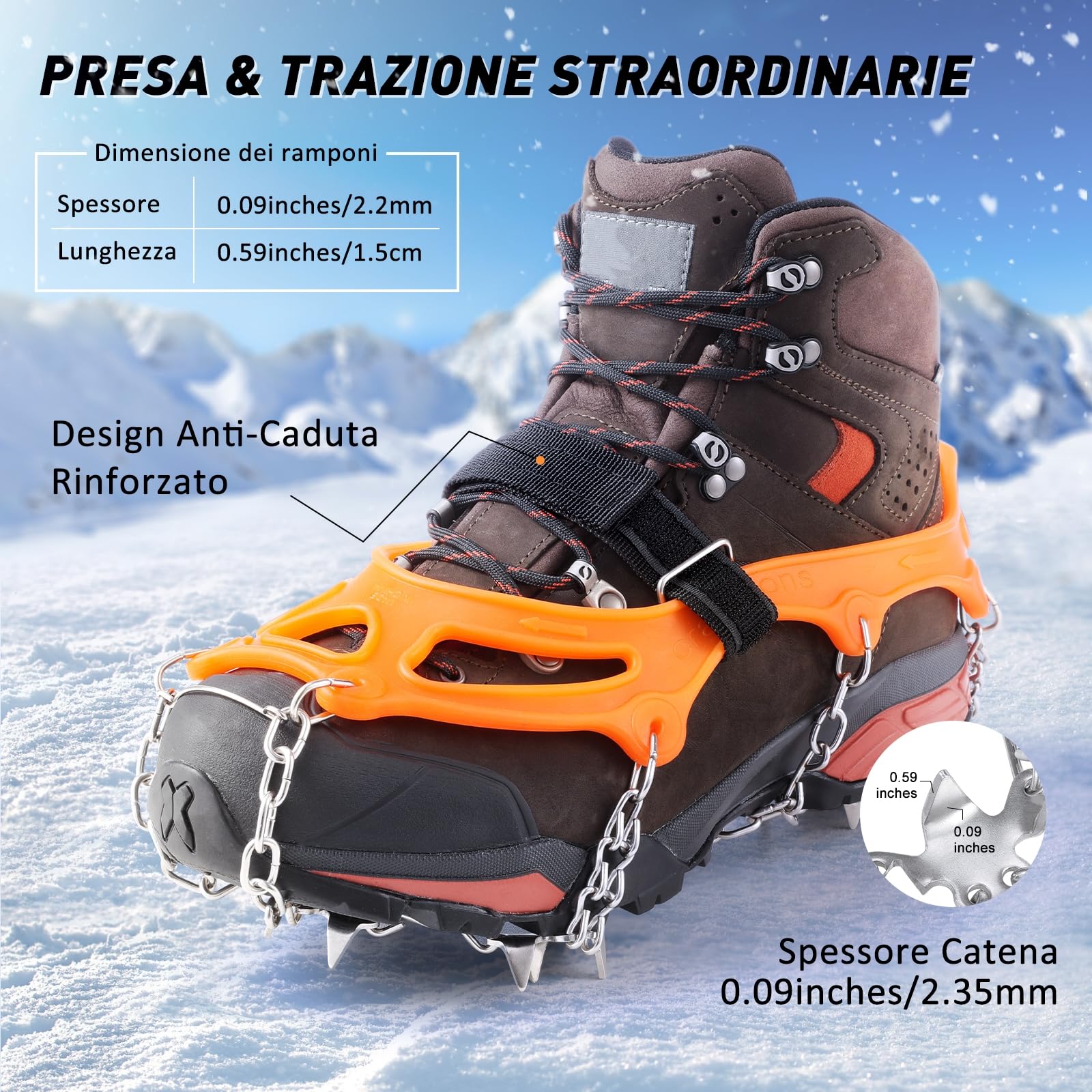 AGPTEK Ice Tacchetti 19 Denti, Ramponi da Ghiaccio per Scarpe Portabile Neve Ramponi per Donna e Uomo con Ottimo Grip per Passeggiate, Jogging o Escursioni Camping su Neve e Ghiaccio, Arancione, M
