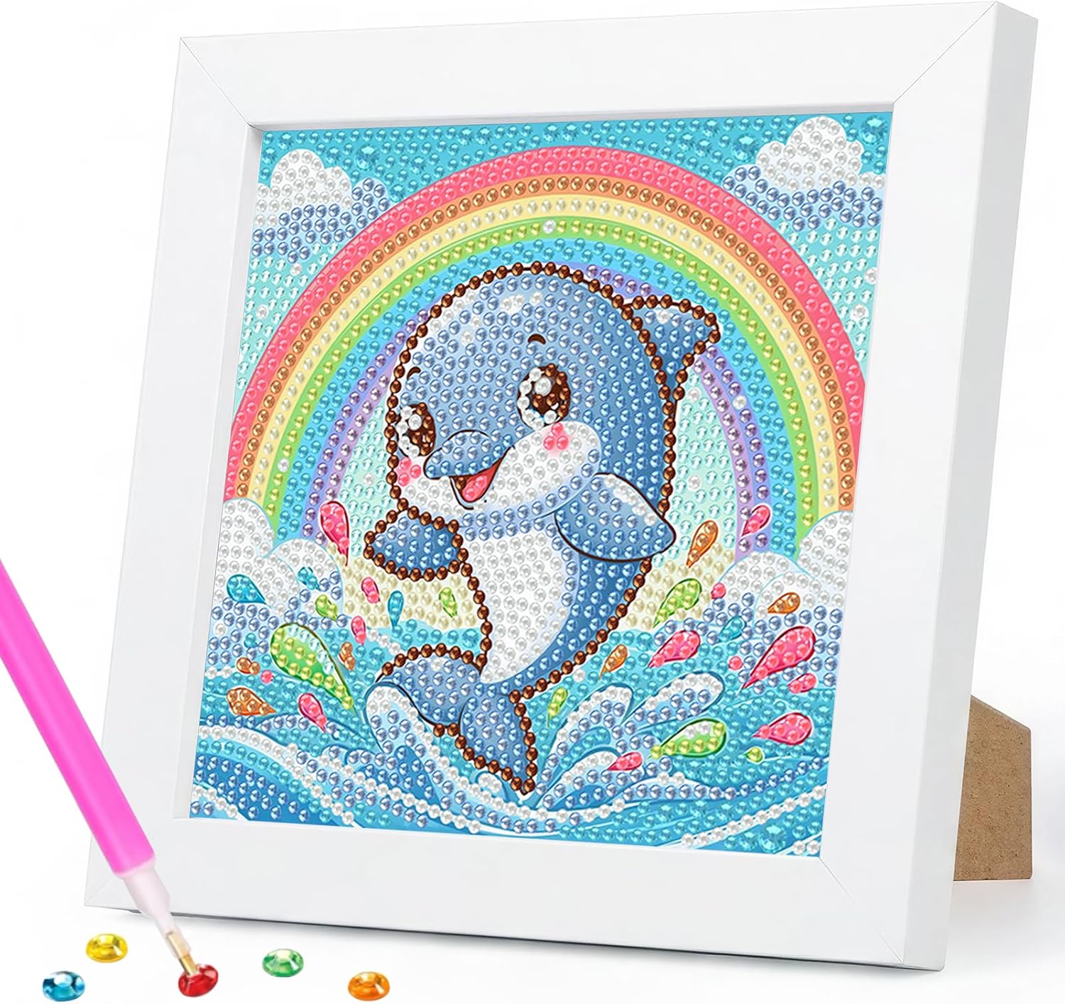 Cytheron Dolphin Diamond Art Kits for Kids with Wooden Frame, 7x7 Inch