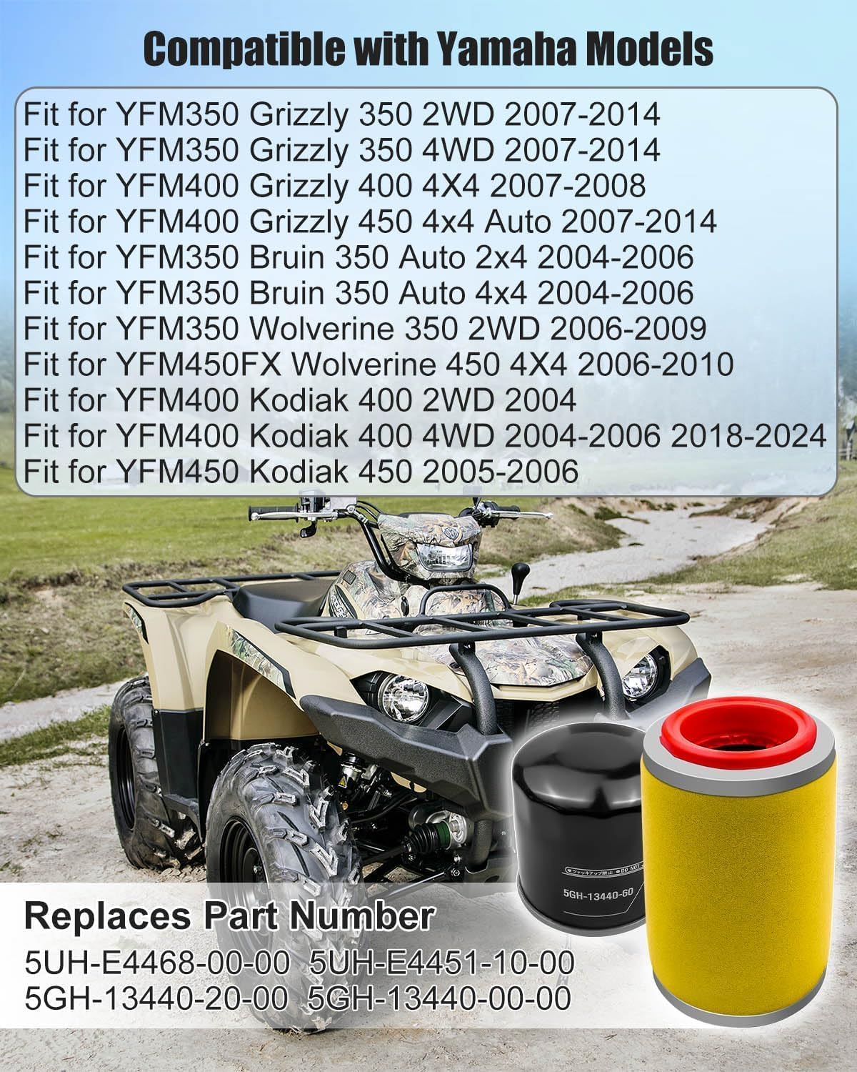 Air Filter and Guide Cage Cap Oil Filter Kit Compatible with Yamaha Grizzly 350 400 450 Bruin 350 Kodiak 400 450 Wolverine 350 450 2007-2024 Replaces 5UH-E4458-00-00