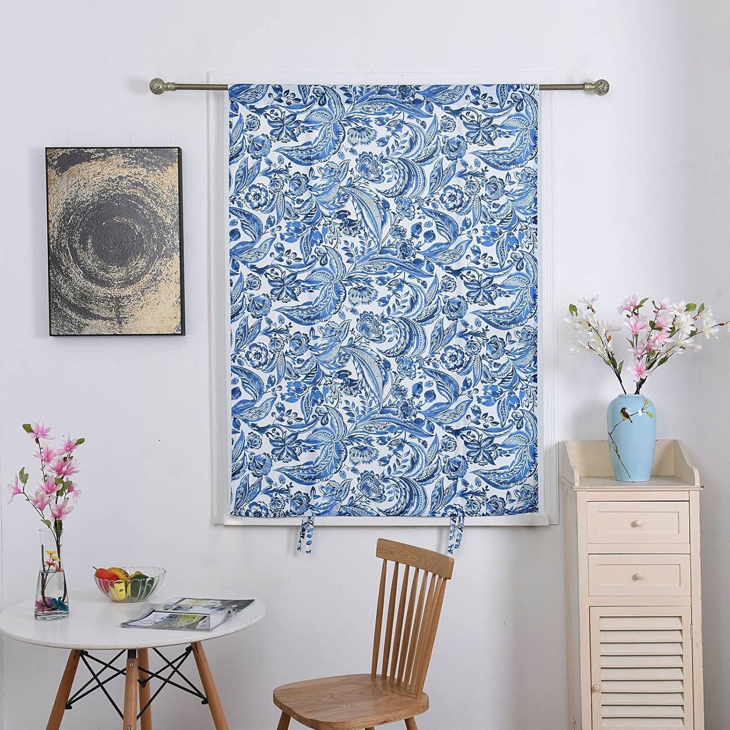 LUNEZY Baroque Small Curtains Blue, Tie Up Curtains Adjustable, Nordic Semi Blackout Roman Shade, Thermal Insulated Short Curtains for Kitchen, Bathroom Window Coverings, 1 Pcs,46x63 Inch