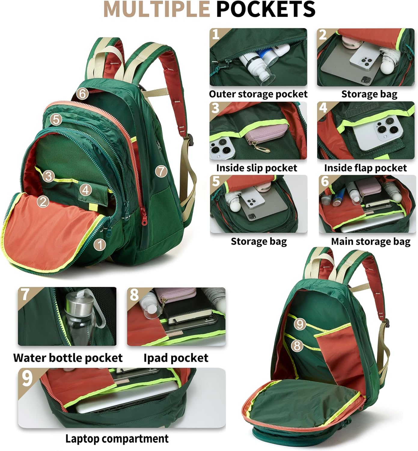 Casual Canvas Backpack for Women Large Capacity Vintage Campus Daypack and Travel Backpack (Green) - Image 3