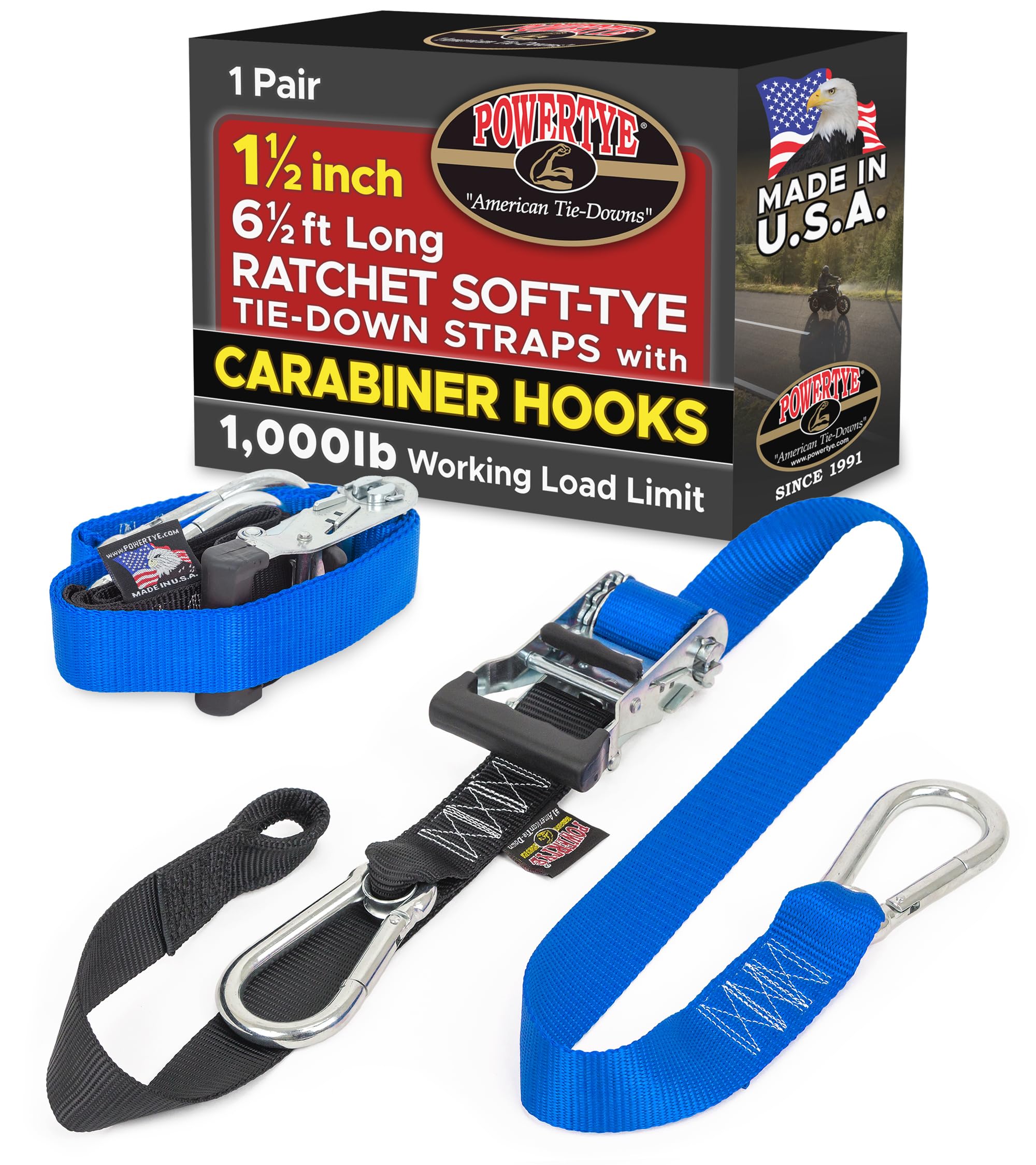 PowerTye 1.5 inch x 6.5ft Ratchet Straps w/Carabiners, Blue/Black Pair