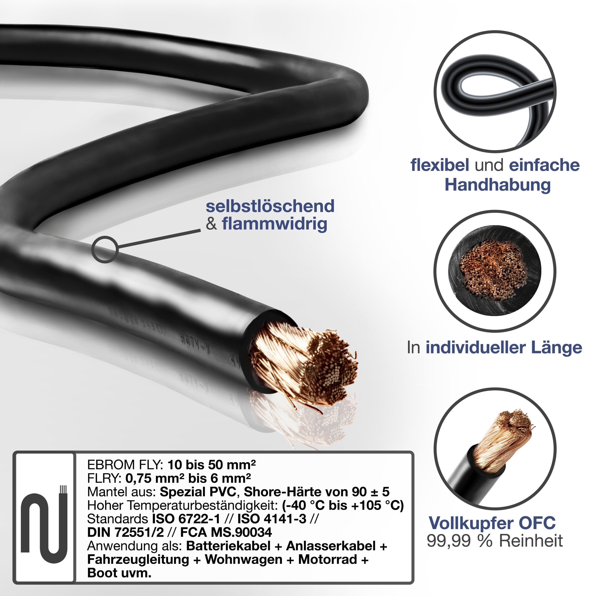 EBROM FLY Cavo batteria per auto, 50 mm², nero, pronto da 30 cm a 10 m + occhielli/capicorda M8/M10/M12 50 mm2, a scelta: 50 mm2-40 cm, capicorda 2 x M10