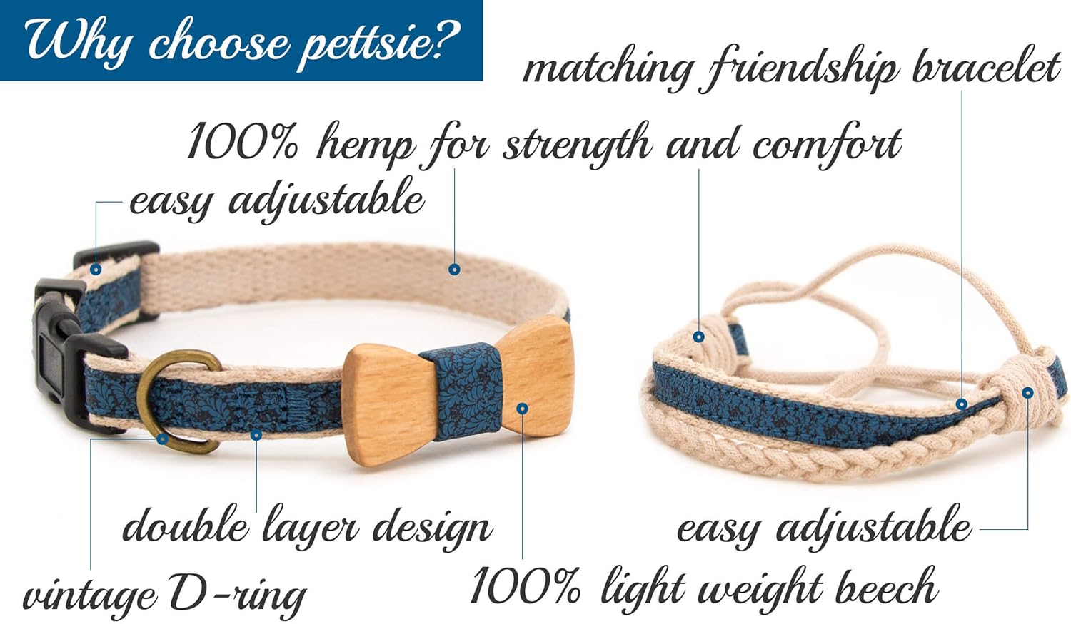 Pettsie Adjustable Dog Bow Tie Collar with Matching Owner Friendship Bracelet – Stylish & Durable Pet Accessory, Soft Hemp & Cotton, Secure D-Ring, Gift-Ready Set, Medium, Blue