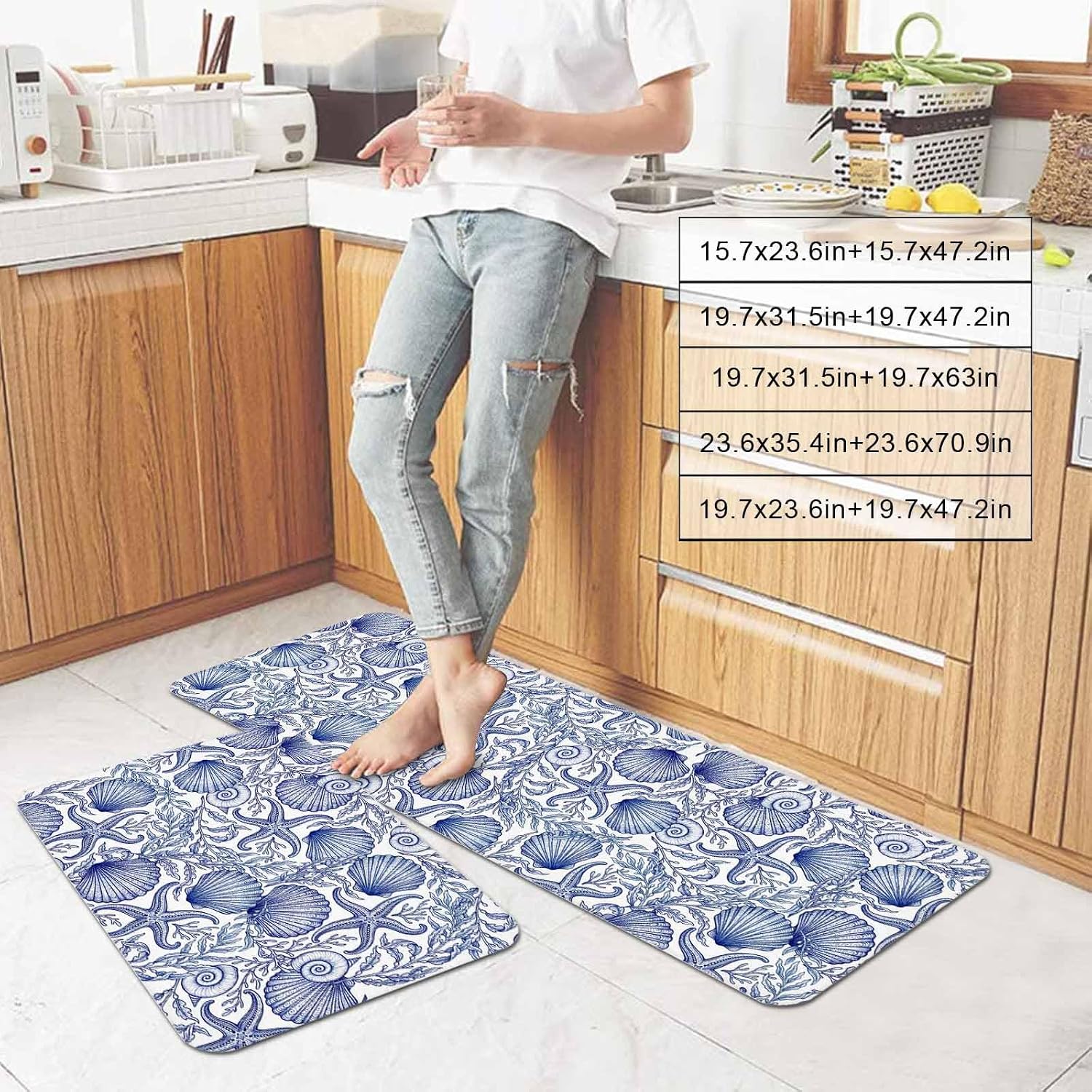 Prime Leader Vintage Blue Ocean Kitchen Mat Set 2 Pieces Summer Country Nautical Sea Shell Starfish Coral Non Slip Kitchen Rugs Washable Runner Rug Mats for Sink Laundry (23.6" x 35.4"+23.6" x 70.9")
