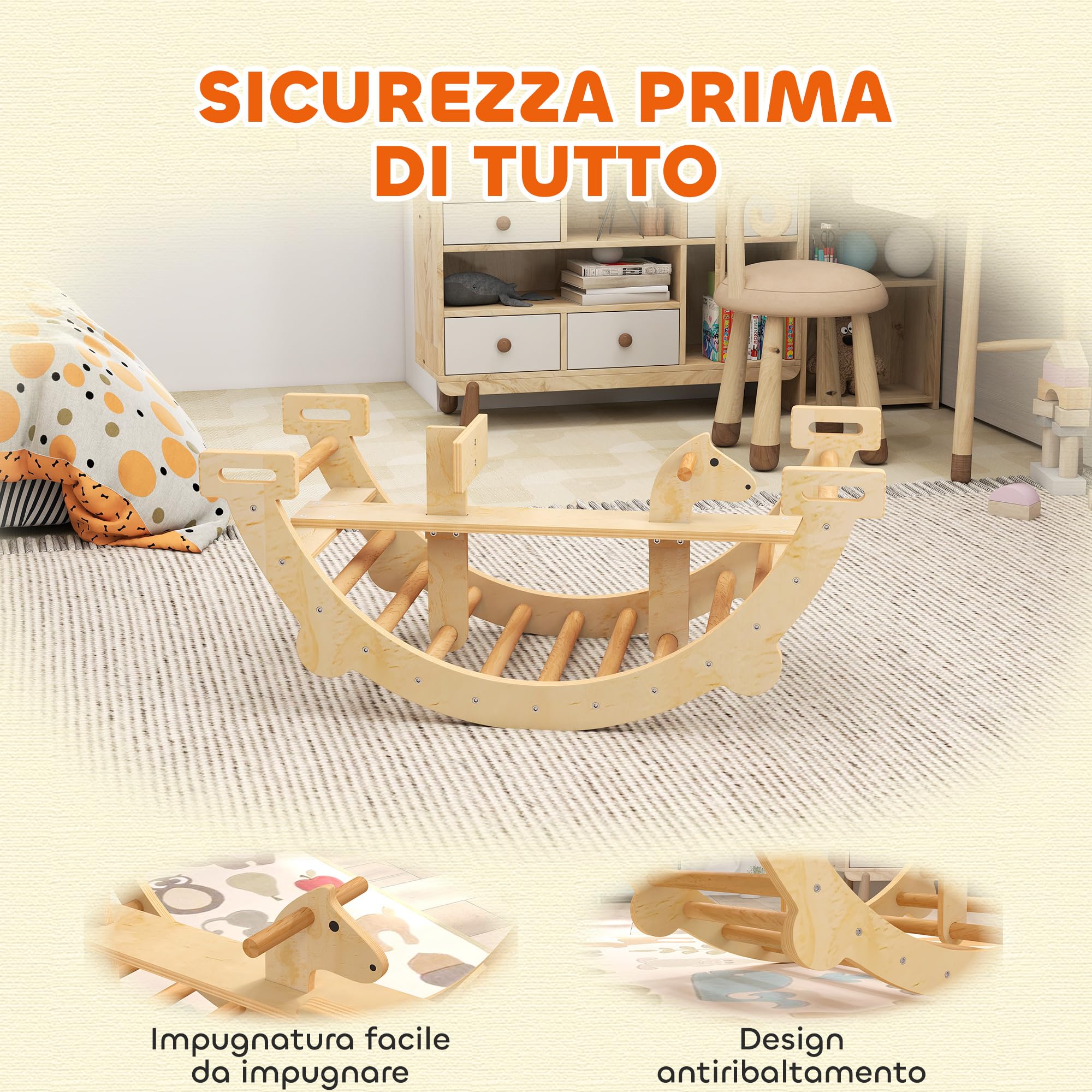 AIYAPLAY Arco Montessori per Bambini 2-4 Anni Convertibile in Dondolo, Gioco Arrampicata in Legno, 110x52x45 cm, color Legno