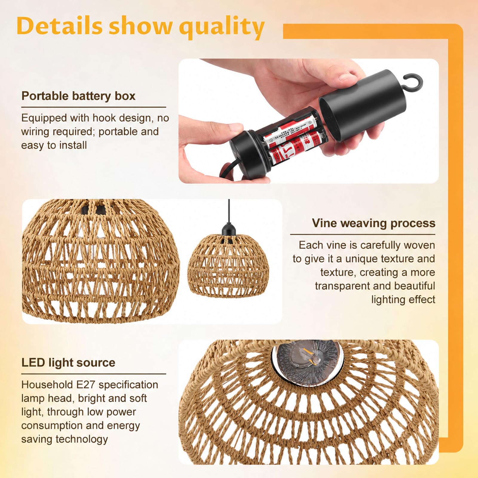 Juego de 2 lámparas colgantes de ratán, lámpara colgante retro E27 con regulador de intensidad, lámpara estilo boho, luz colgante para interiores y exteriores dormitorio, vestíbulo y balcón