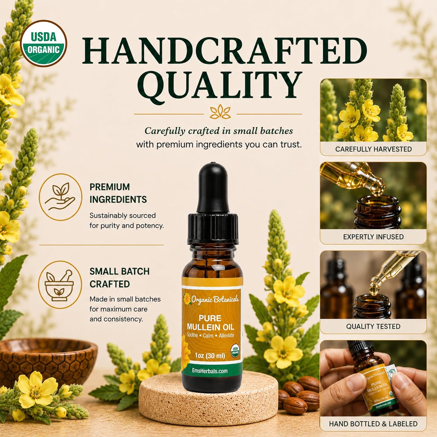 Pure Organic Mullein Oil - Organic Mullein Ear Oil Drops - Natural Ear Care Solution for Earaches, Tinnitus, and Kids - Herbal Mullein Extract Liquid for Soothing Relief (1 oz)