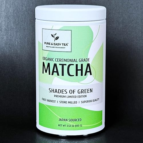 Miniatura 7 de Pure And Easy Tea, Matcha orgánica de grado ceremonial, edición limitada, primera cosecha, molida a piedra, polvo de té verde orgánico, tonos de