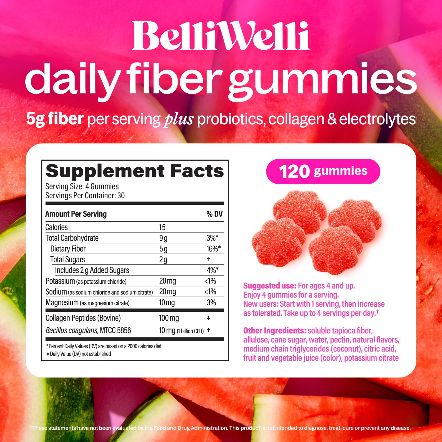 Belli Welli Fiber Gummies for GLP-1 Support - Watermelon - Tapioca Prebiotic Fiber Gummy - Digestive Health & Regularity for Women, Men, Kids - 120CT — Amazon image 6
