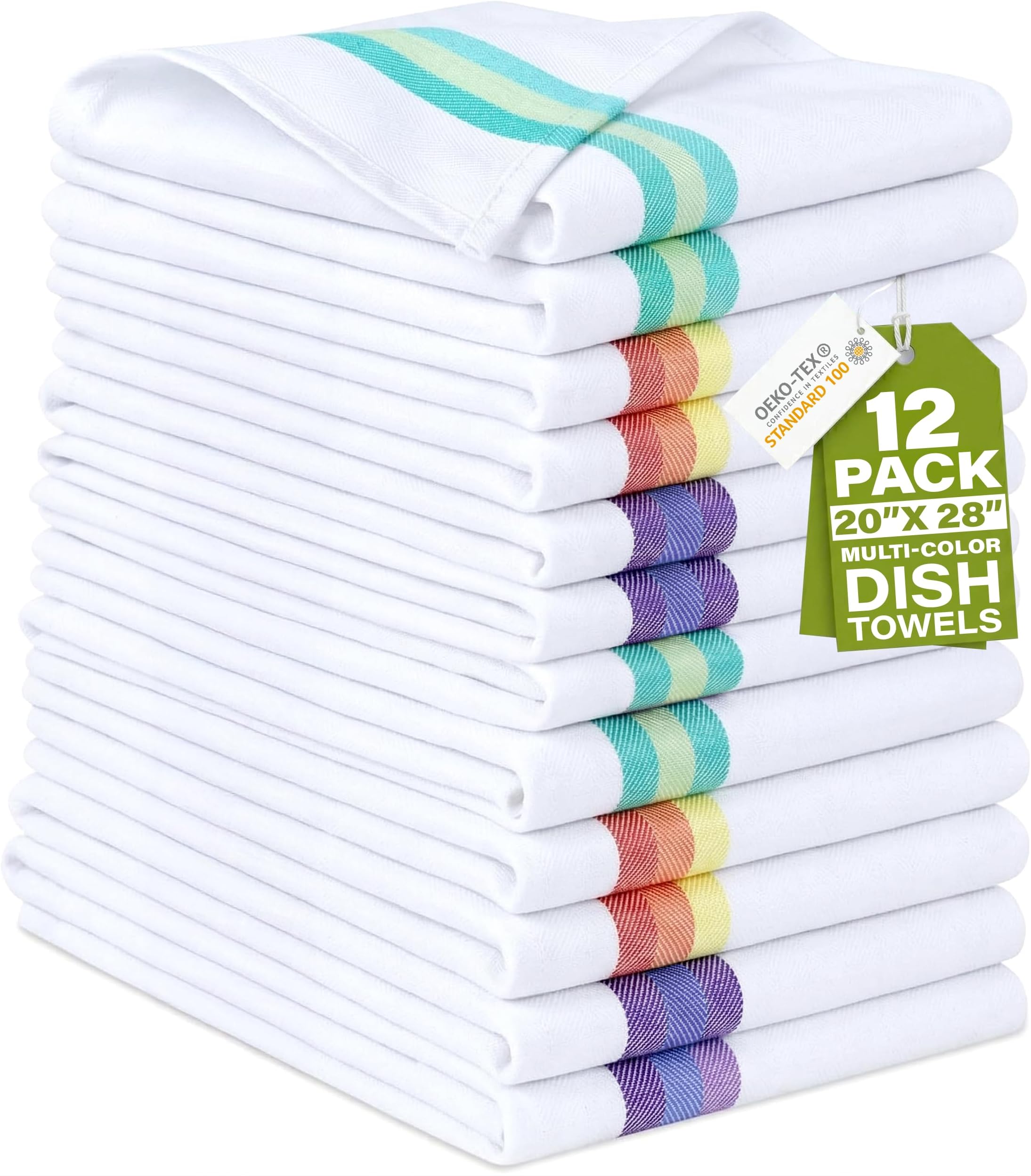 Harringdons Premium Tea Towels for Kitchen โ 12-Pack 100% Natural Cotton Dish Towels, Quick Drying, Ultra Absorbent, Bleach Safe, 50x70 cm (Assorted Colours)