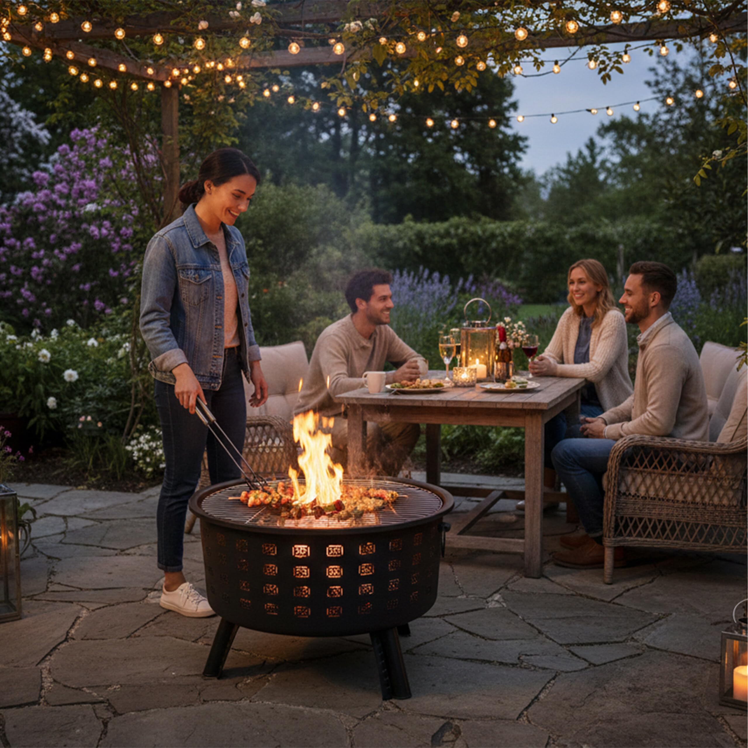 Relaxdays Feuerschale, HxØ 62 x 66 cm, mit Grillrost, Funkenschutz & Schürhaken, Feuerstelle Garten, Feuerkorb, schwarz