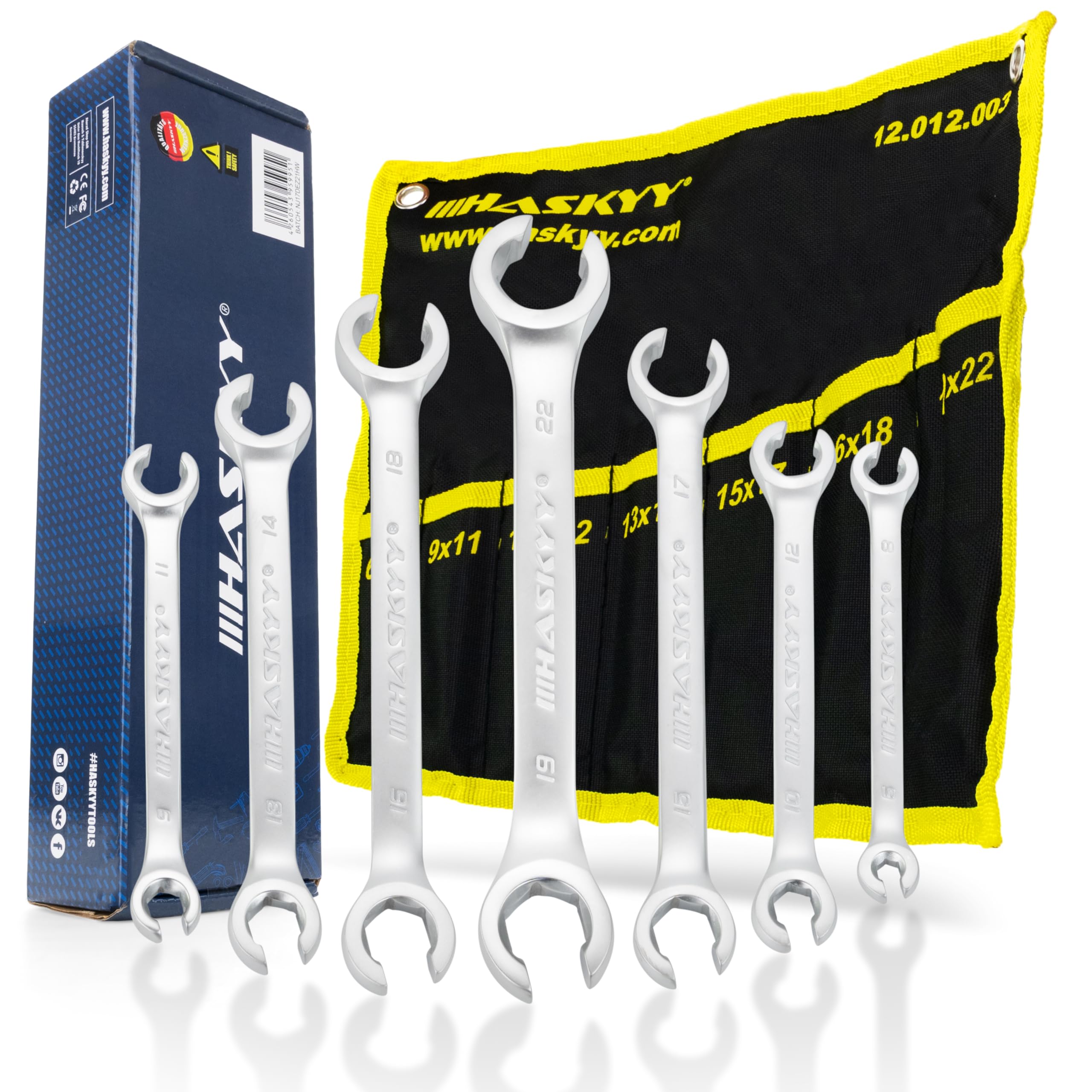 HASKYY Jeu de clés pour conduites de frein Clé à fourche ouverte 7 pces Clé polygonale double 6-22 mm Jeu de clés polygonales coudées à 15° Clé pour conduites de frein