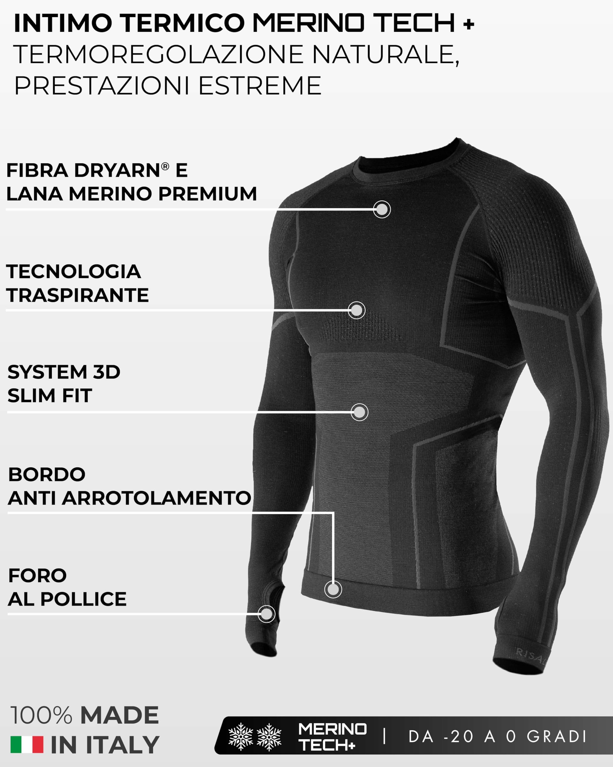 Risalti Tuta Termica Uomo Invernale Lana Merino Tech - Completo Maglia Termica Uomo e Calzamaglia in Merino Premium e Dryarn, Intimo Seamless, Traspirante e Termoregolante Estremo - Made in Italy