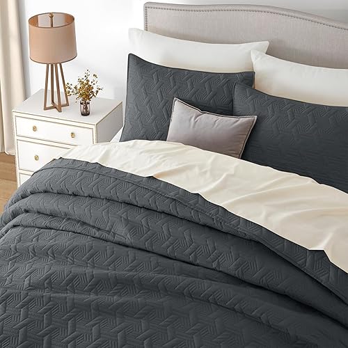 Miniatura 5 de Lavsiry Juego de ropa de cama tamaño King gris oscuro con fundas de almohada, colcha ligera de verano, manta acolchada suave y fina para todas las