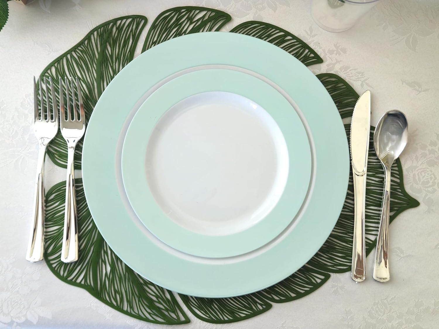 " OCCASIONS " 100 Plates Pack,(50 Guests) Heavyweight Wedding Party Disposable Plastic Plates -50x10.25'' Dinner+50 x 7.5'' Salad/Dessert (Rio Collection White & Turquoise blue)