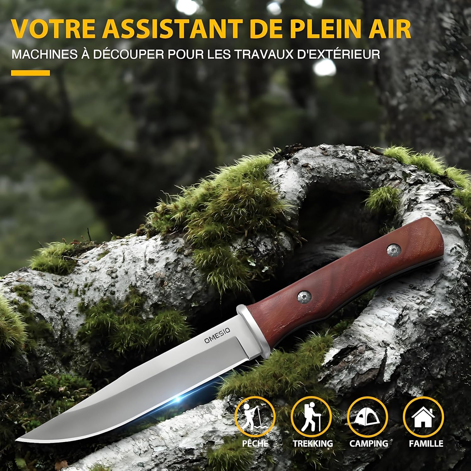 Omesio Coltello Da Sopravvivenza Outdoor Coltello Da Caccia Coltello Outdoor con Fodero in Pelle Coltello Da Giungla con Lama Affilata Robusto Per La Sopravvivenza e Il Campeggio Manico in Legno