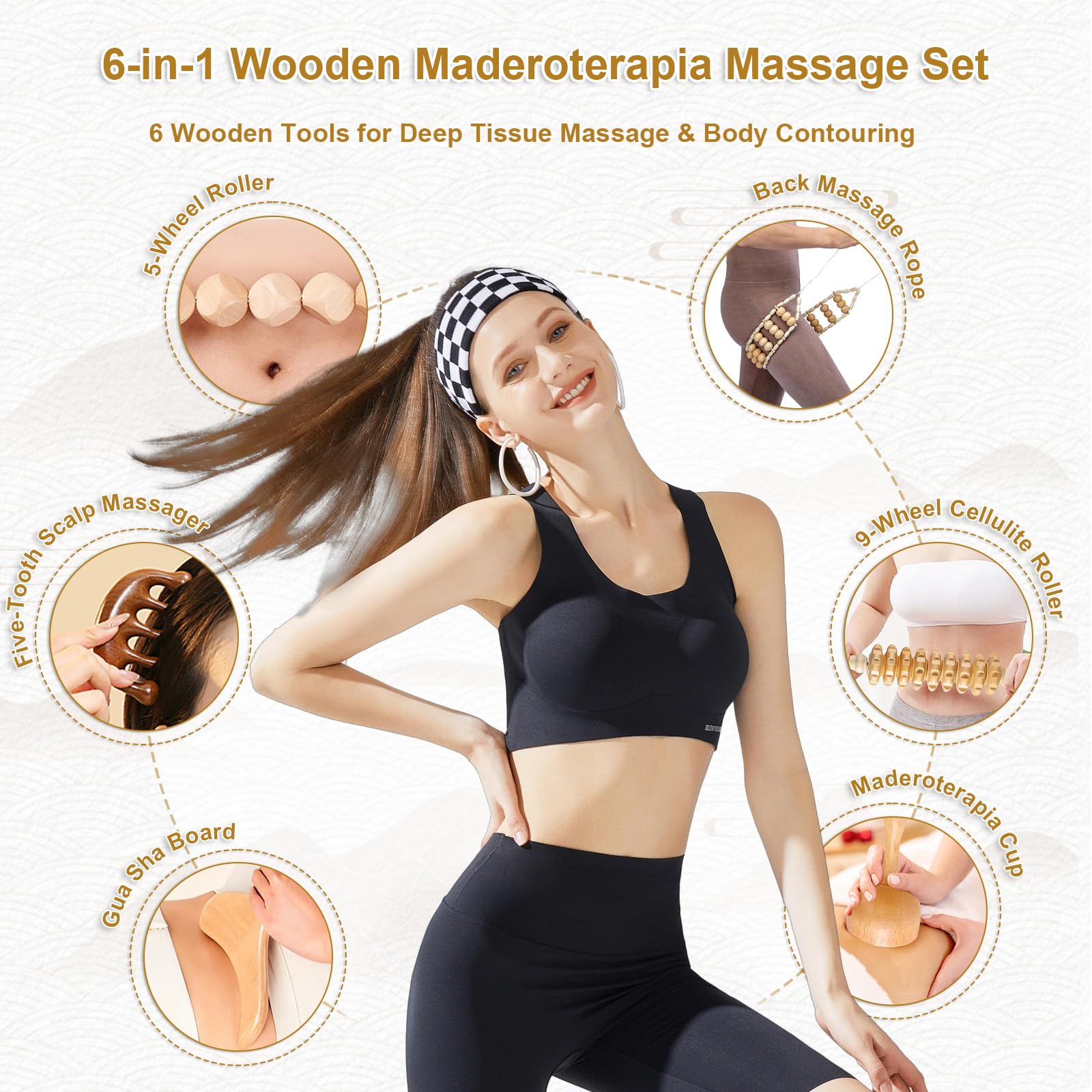 Ensemble d'outils de massage 6 en 1 pour thérapie du bois, kit de drainage lymphatique de bois avec rouleau de fascia, Gua Sha, outils de sculpture corporelle pour contourner et façonner