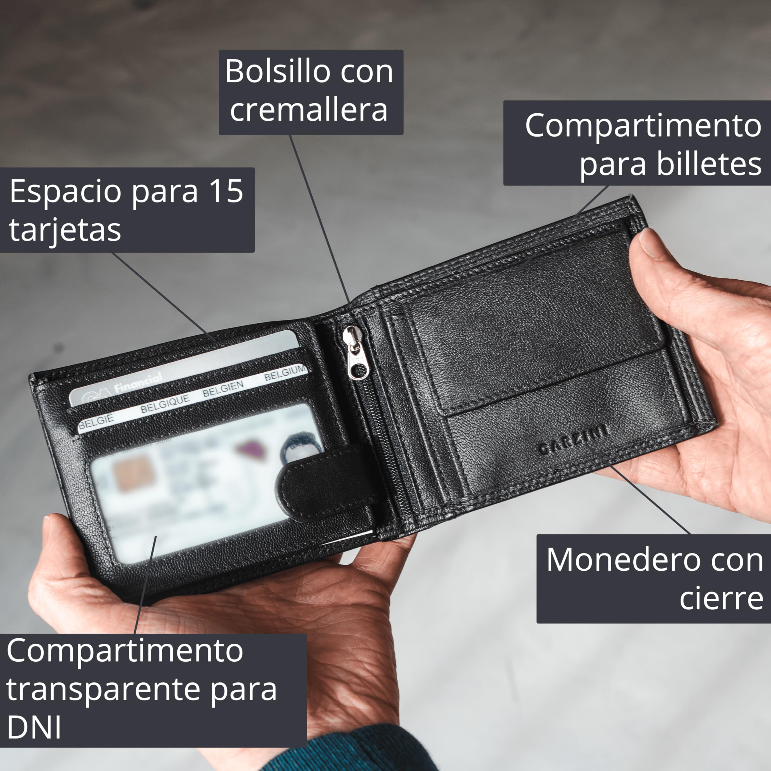 GARZINI - Cartera para Hombre de Cuero con Bloqueo RFID - Billetera con 15 Compartimentos para Tarjetas - Monedero con Cremallera y Espacio para Billetes - Regalo Ideal - Negro