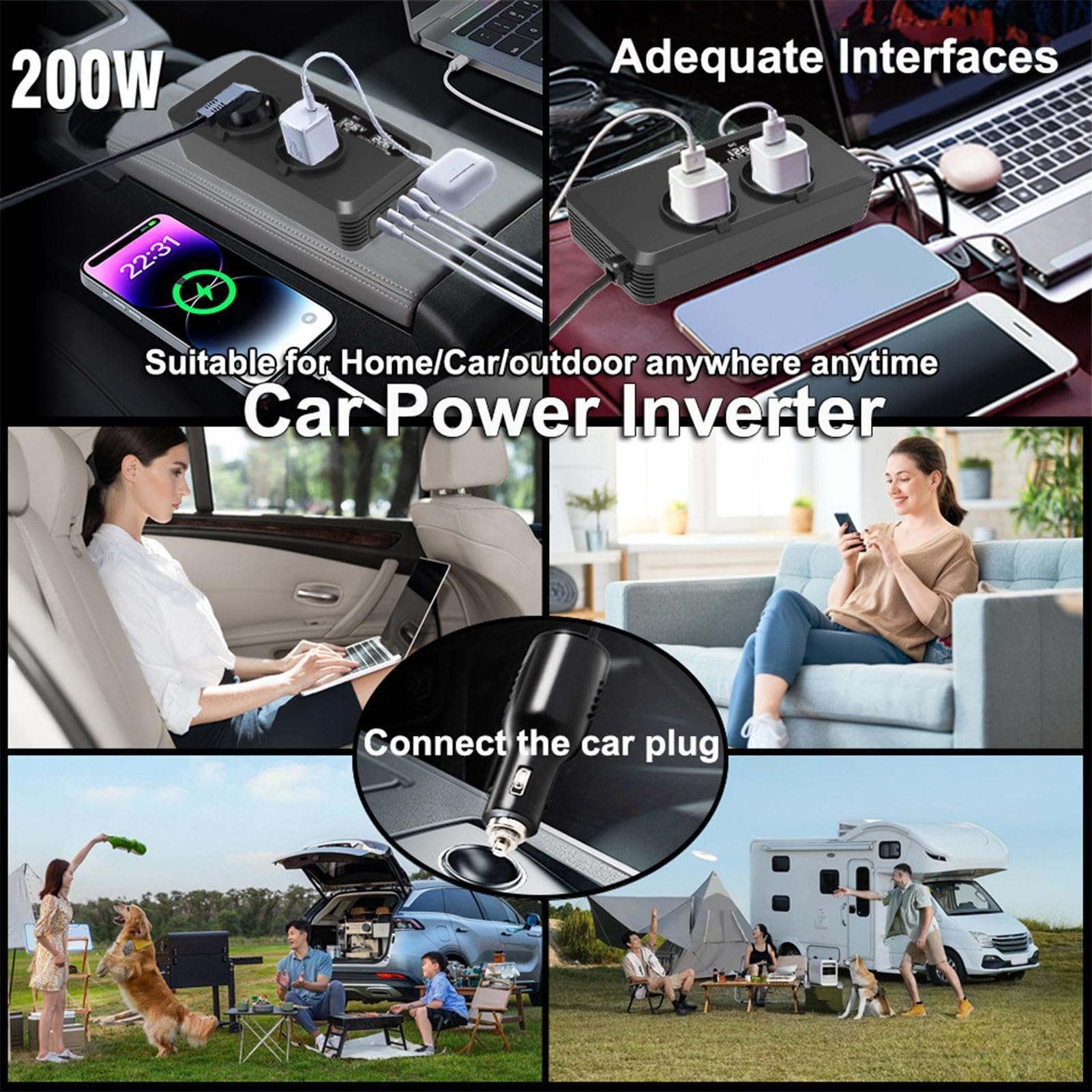 Falownik samochodowy o mocy 200 W, adapter do cygar i konwerter akumulatora | Uniwersalna ładowarka podróżna do małych urządzeń gospodarstwa domowego PC Laptop Drone