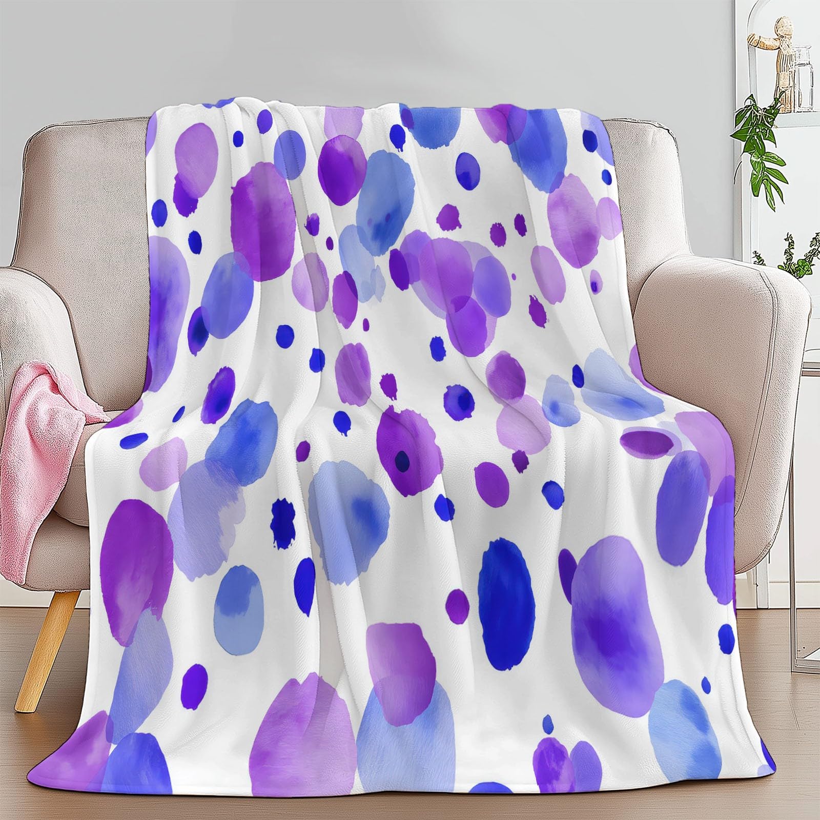Koc flanelowy na łóżko 220 x 240 cm, miękki ciepły niebieski i fioletowy kropki koc zimowy ciepły oddychający lekki minimalistyczny dla dorosłych dzieci kobiety mężczyźni