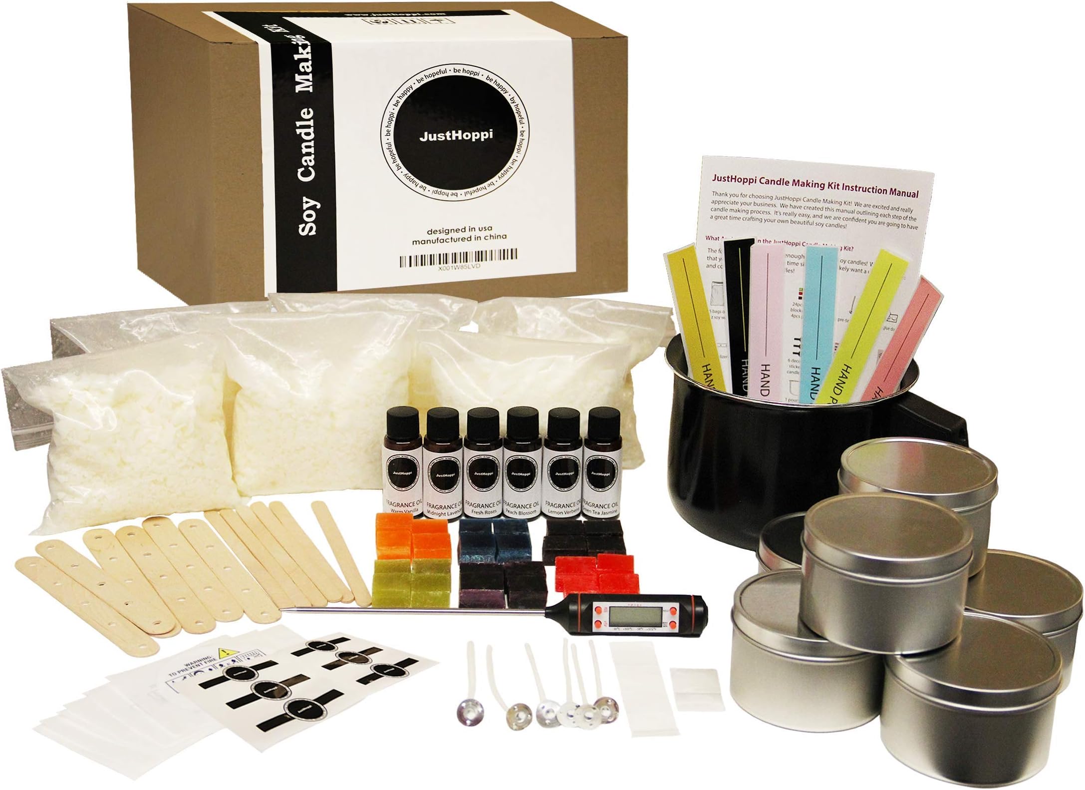 JustHoppi Complete DIY Candle Making Kit Supplies - Create 6 Scented & Colored Soy Candles - Full Beginners Set with 3 LB Wax, Tins, Unique Scents/Dyes, Wicks, Melting Pitcher & Thermometer