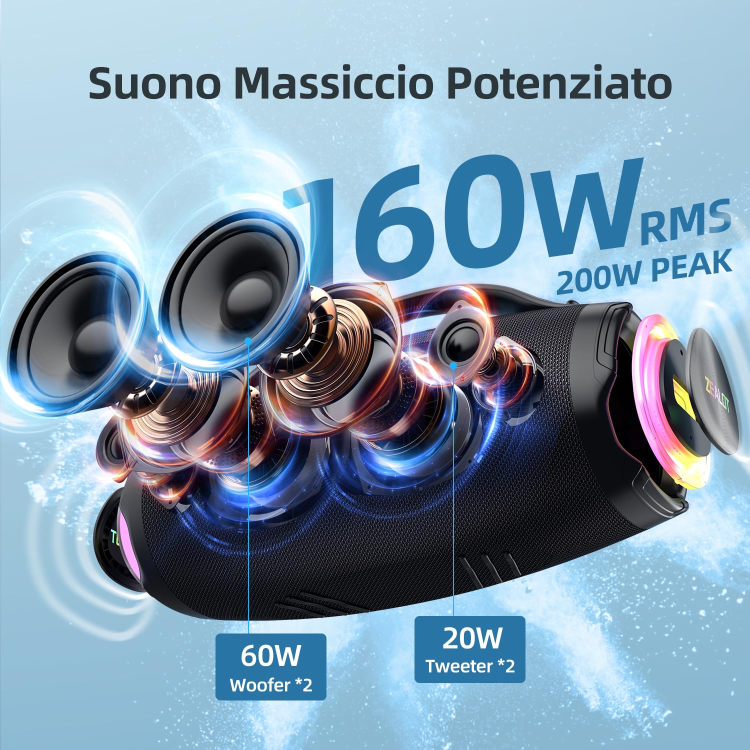 ZEALOT Cassa Bluetooth Portatile,200W Peak/160W RMS Wireless,Altoparlante Bluetooth con Bassi,36000 mAH,EQ/IPX6 Impermeabile/Ricarica Rapida,per Feste,All'aperto,Campeggio