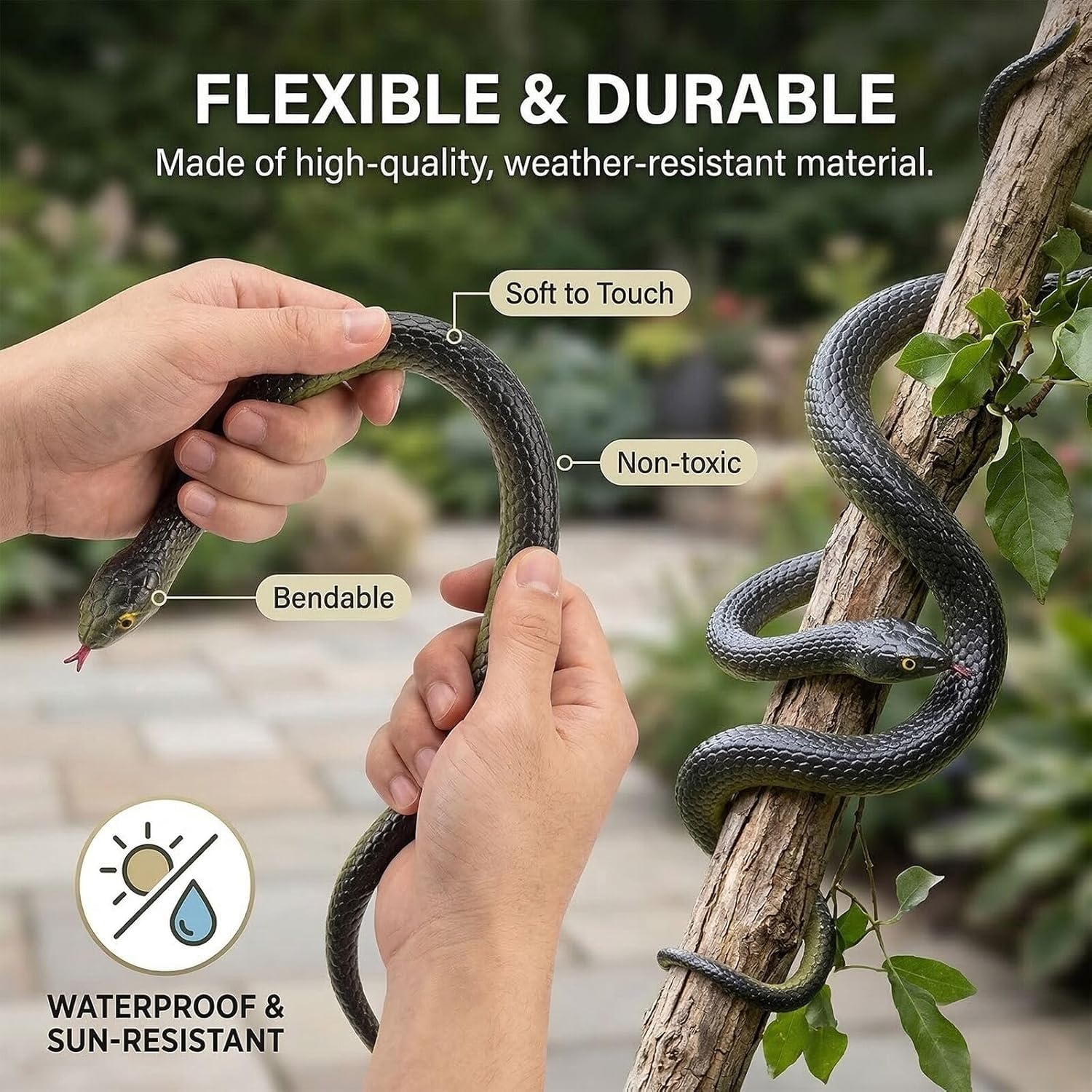 PUHUHP 3-Pack Ultra-Realistic Rubber Snakes for Halloween Decorations, Garden Bird Scare, Pranks – Fake Black Mamba Toy – Durable Outdoor/Indoor Props 2