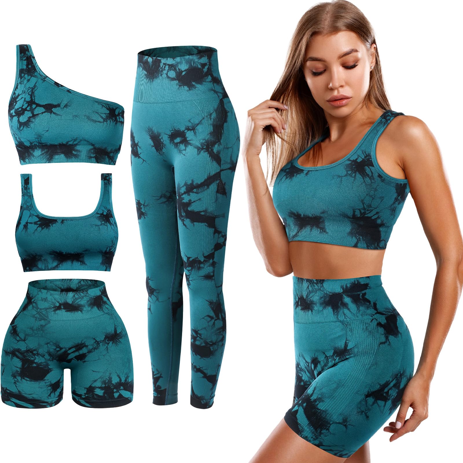 Conjunto de 4 piezas de entrenamiento para mujer, conjunto de ejercicio de pilates, cuello redondo, brasier deportivo, pantalones cortos, leggings, ropa de gimnasio