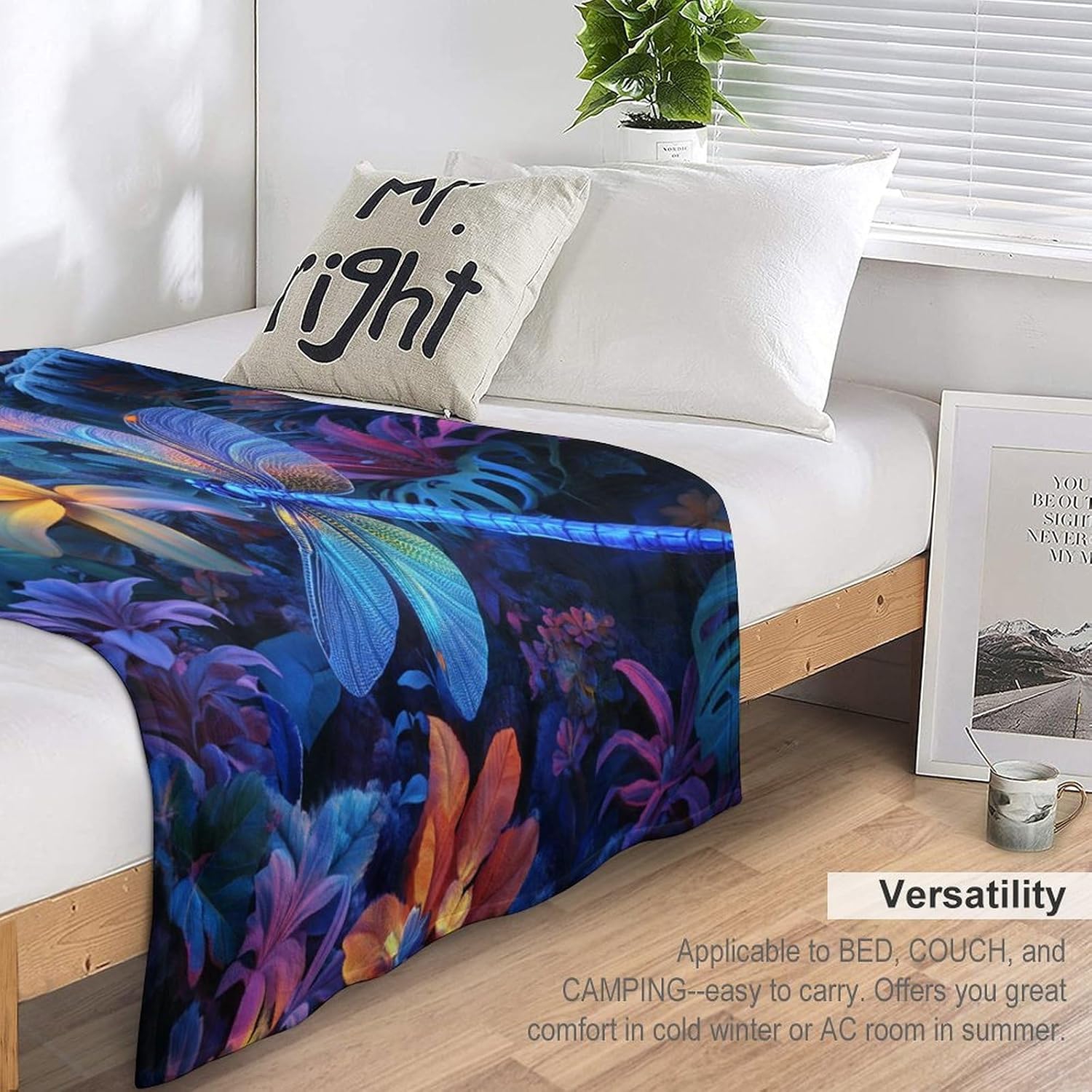 Beautiful Dragonfly Flower Throw Blanket, Soft Lightweight Cozy Warm Tropical Jungle Night Flannel Blankets for Couch Bed Travel, 50"x70"
