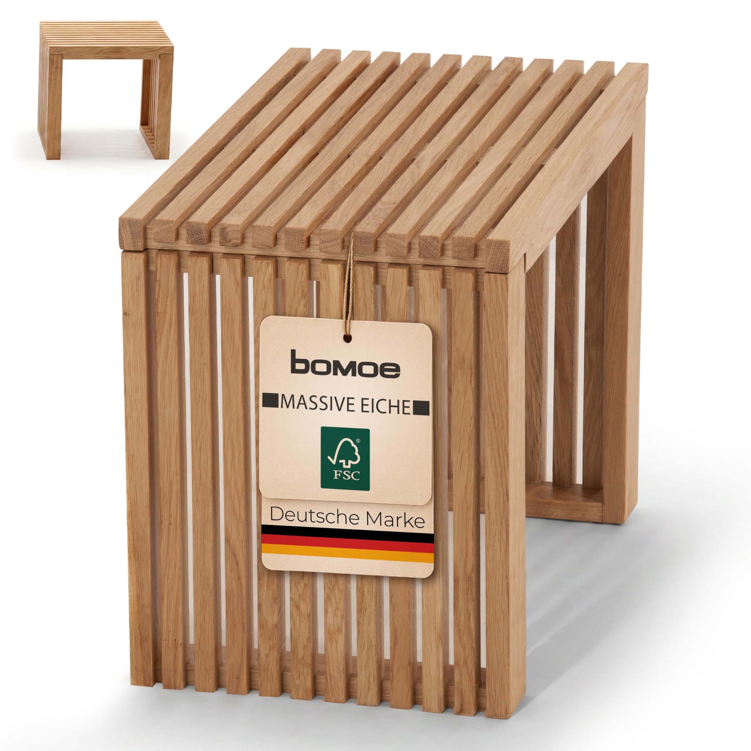 bomoe Lamellen-Hocker Holz FSC® Eichenholz für Küche und Badezimmer stabil | 45x33x43cm massiver langlebiger Sitzhocker Flur Garderobenhocker Schuhhocker Hocker Badhocker Sitzbank Eichberg