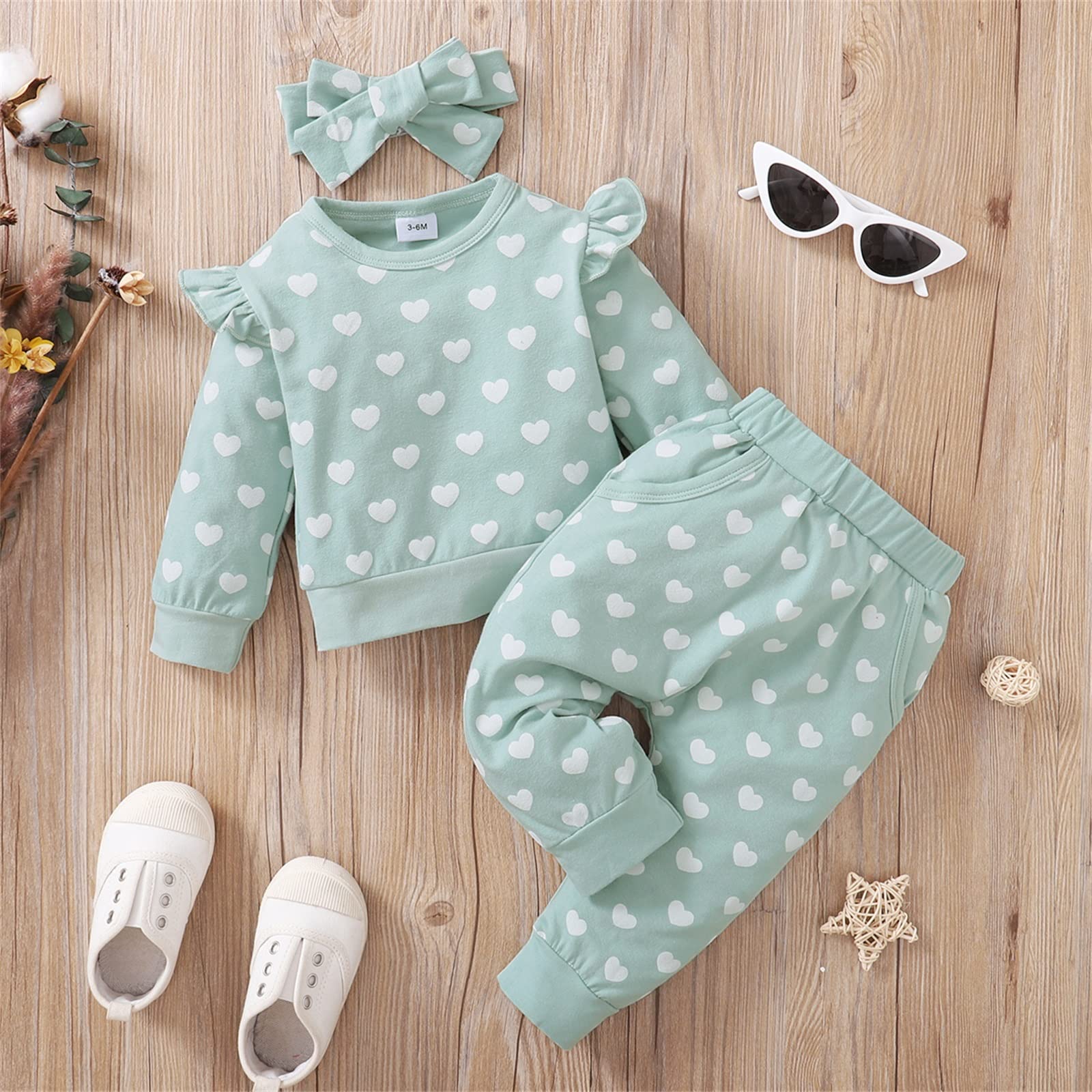 Yccutest Newborn Infant Clothes Toddler Baby Girl Valentines Day Outfit Long Sleeve Heart Print Sweatshirt Pants Set Headband (Green Outfits, 9-12 Months)