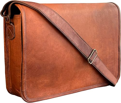 RUSTIC TOWN Bolso bandolera de cuero de 14 pulgadas para hombres y mujeres, bolso cruzado vintage de grano completo, compatible con laptop de 13.3