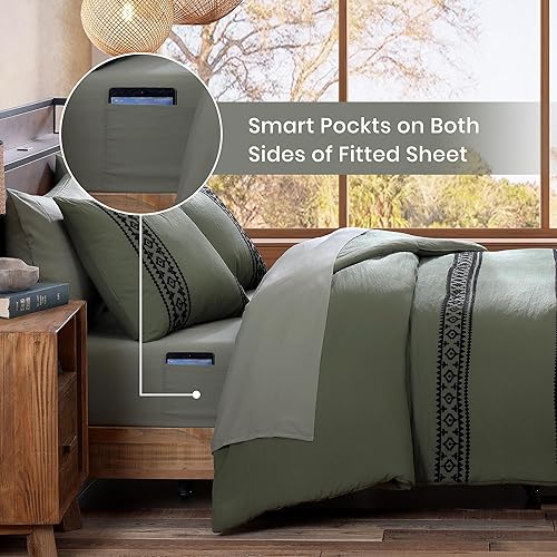 Miniatura 7 de MaiRêve - Juego de edredón bordado Queen, verde oliva, rústico occidental, bohemio, 7 piezas, juego de cama completo para todas las estaciones con