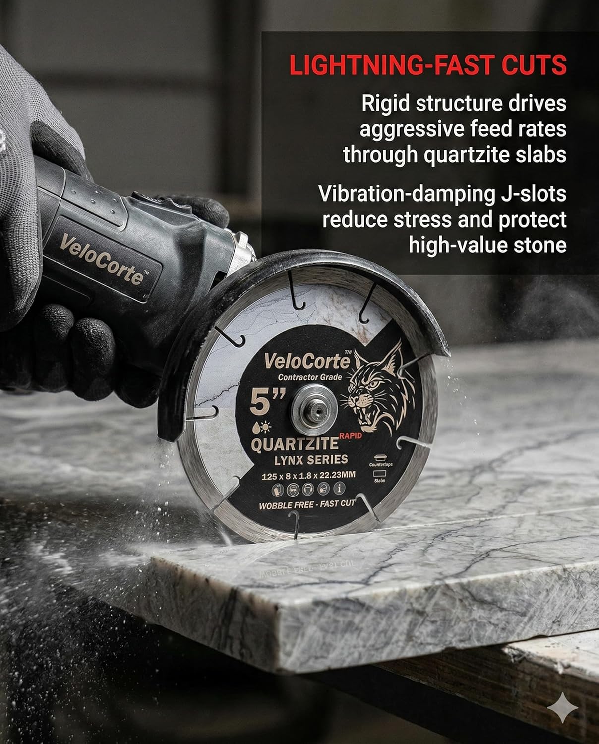 5" Quartzite Rapid Lynx Series Diamond Saw Blade for Quartzite Countertops & Slabs – Fast Cut, 125 x 8 x 1.8 x 22.23 mm, Wet/Dry, Wobble Free (VCQ5R)